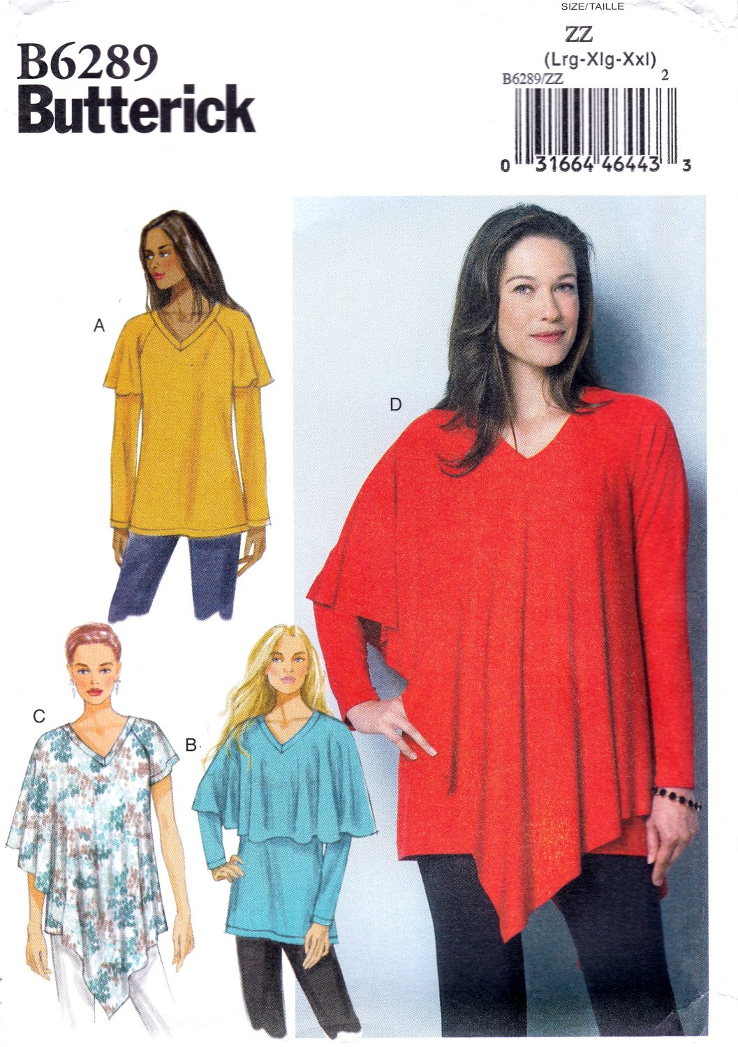 Butterick B6289 Misses Tunics Loose Fitting Pullover Sewing Pattern Sizes Lrg-Xlg-Xxl