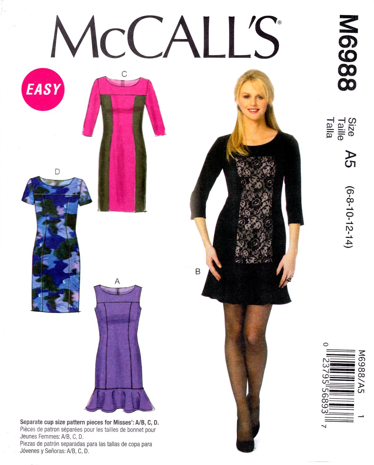 McCall's M6988 Misses Dresses Semi-Fitted Back Zipper Sewing Pattern Sizes 6-8-10-12-14