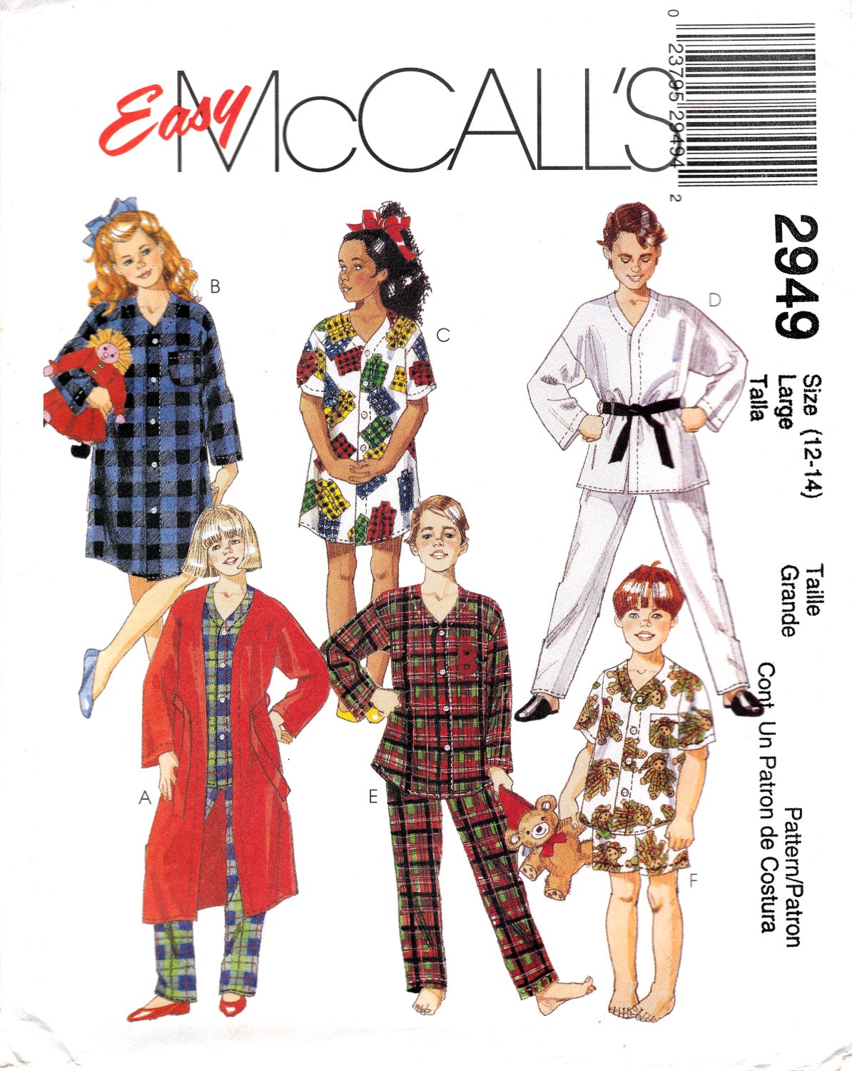 McCall's 2949 Girls Boys Child Robes Tie Belt Nightshirt Pajamas Sewing Pattern Sizes 12-14