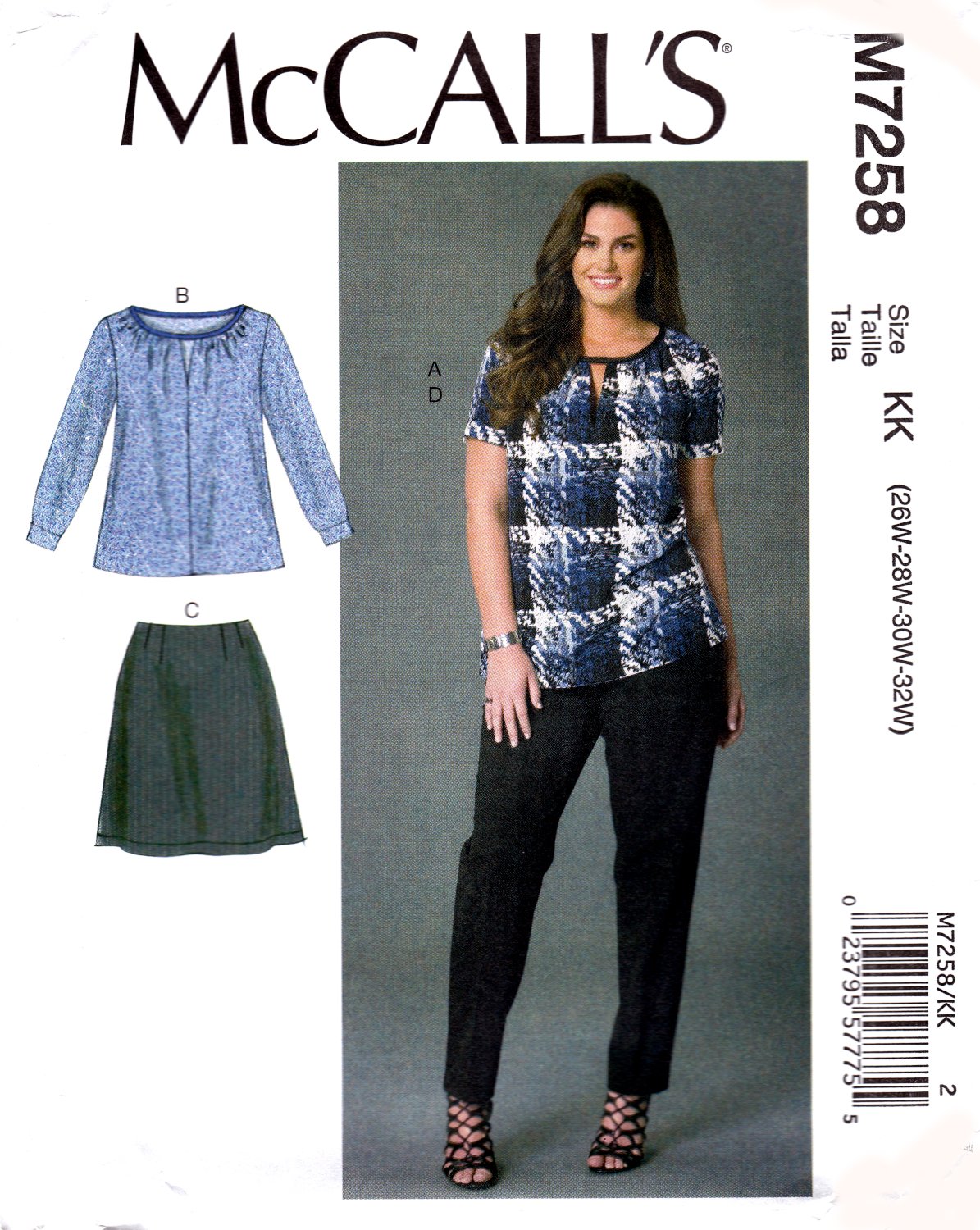 McCall's 7258 Women's Tops Skirt Pants Varying Length Sleeves Sewing Pattern Sizes 26W-32W