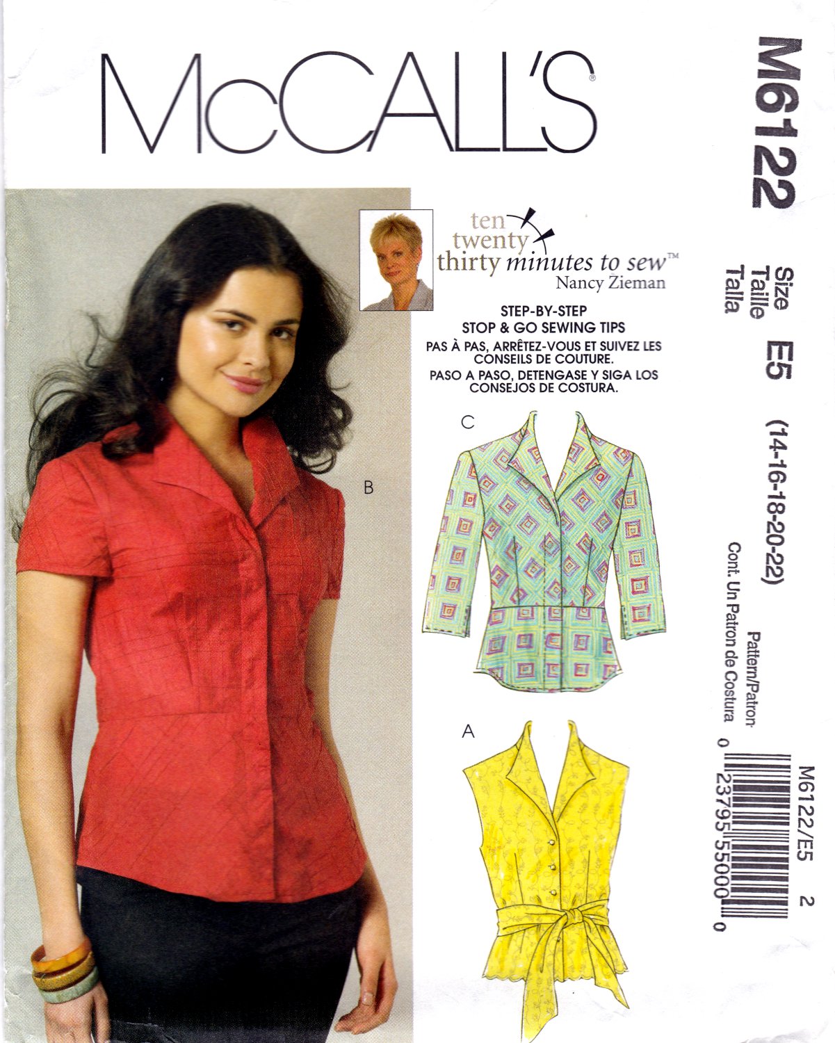 McCall's M6122 Misses Womens Tops and Sash Sewing Pattern Sizes 14-16-18-20-22