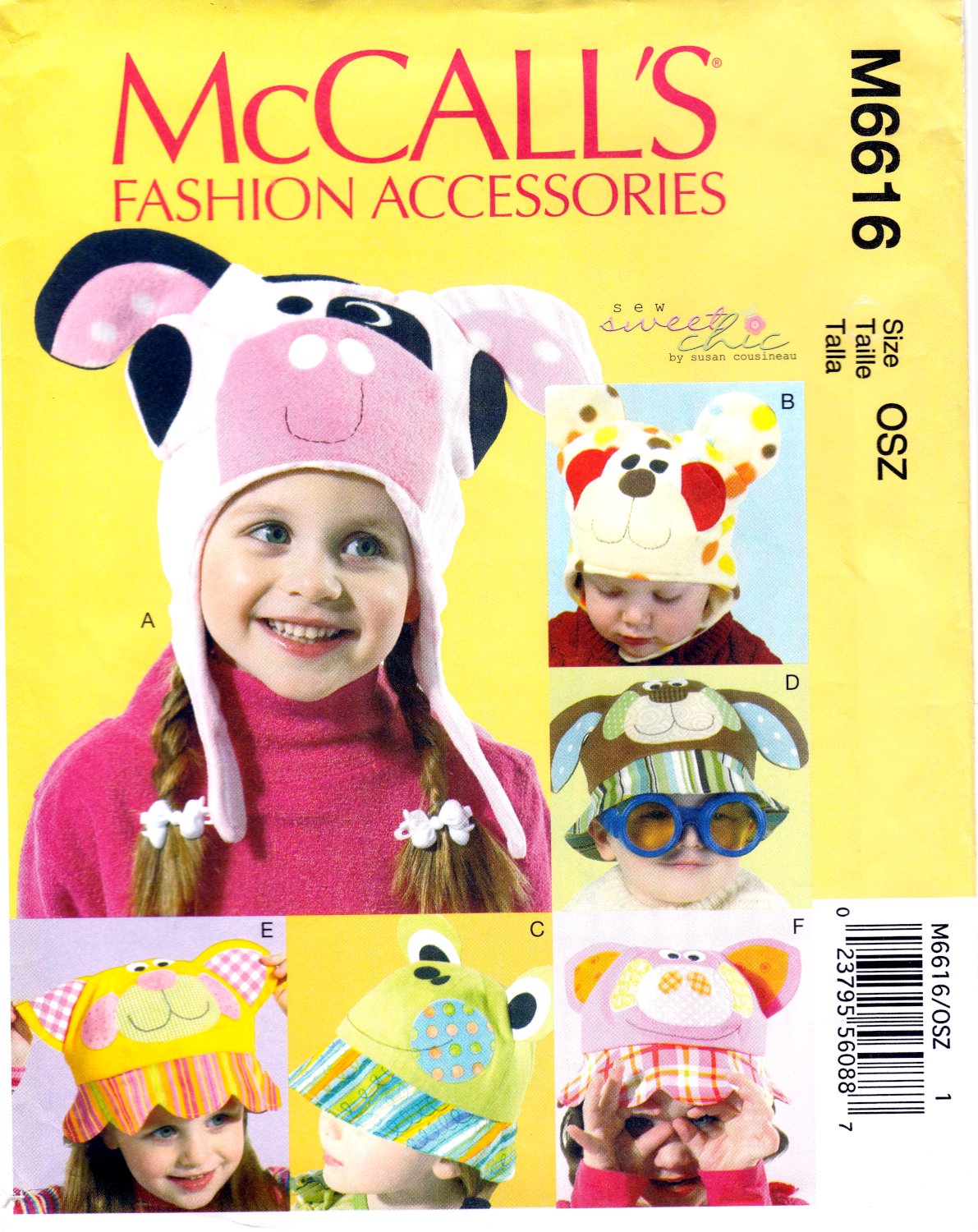 McCall's M6616 Kids Fashion Accessories Hats Cow Bear Frog Dog Cat Pig Sewing Pattern Size OSZ