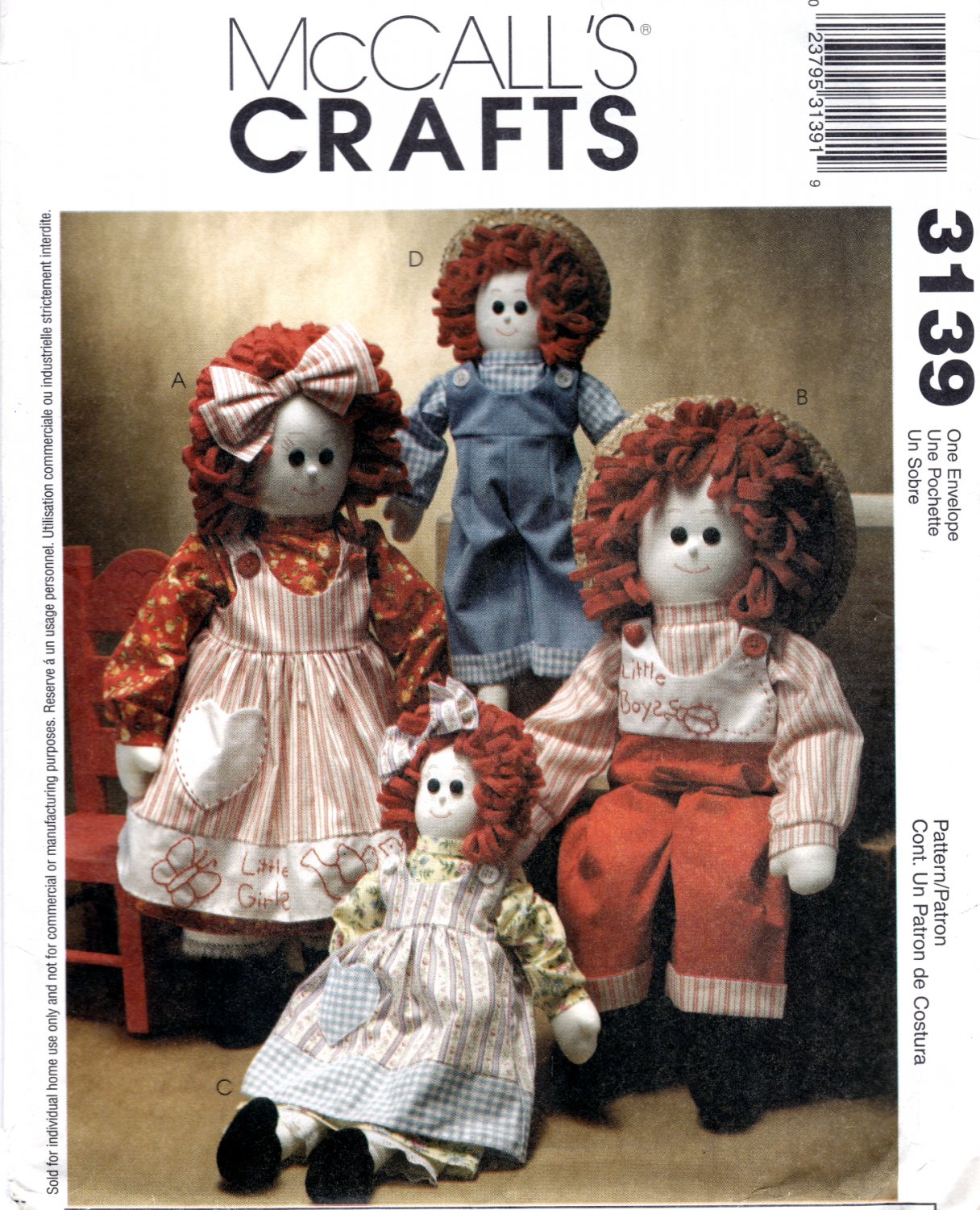 McCall's 3139 Rag Dolls 16" and 22" with Clothes Crafts Sewing Pattern Size OSZ