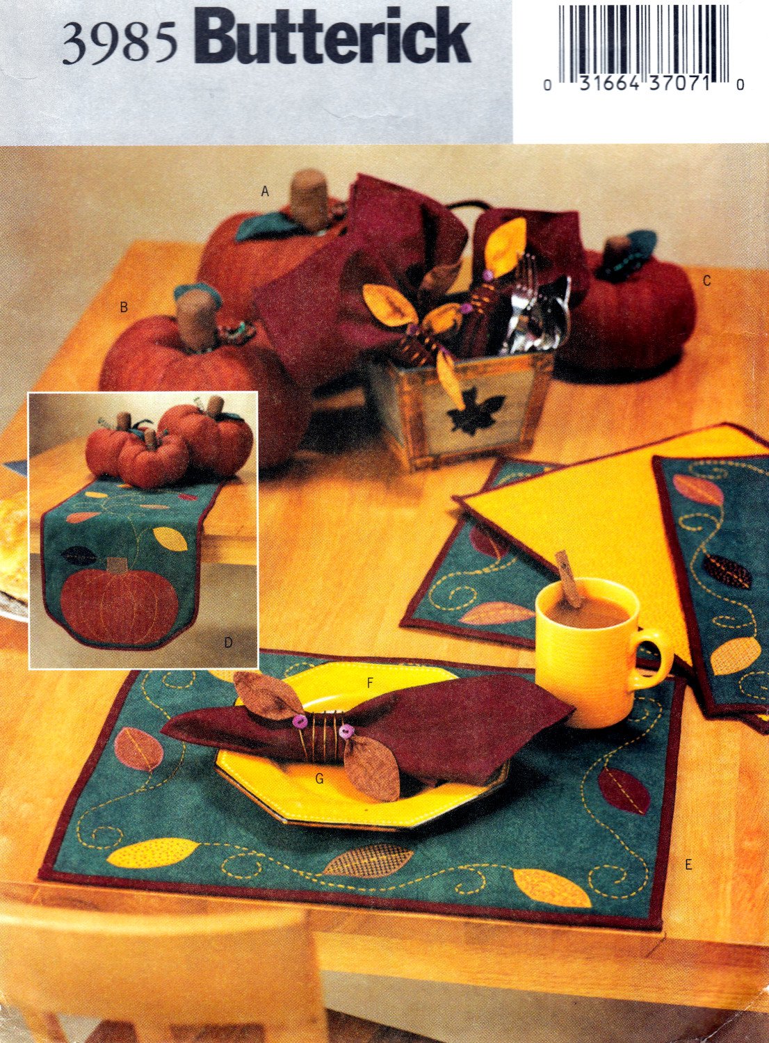Butterick 3985 Fall Table Top Runner Placemats Napkins Sewing Pattern Sizes OSZ