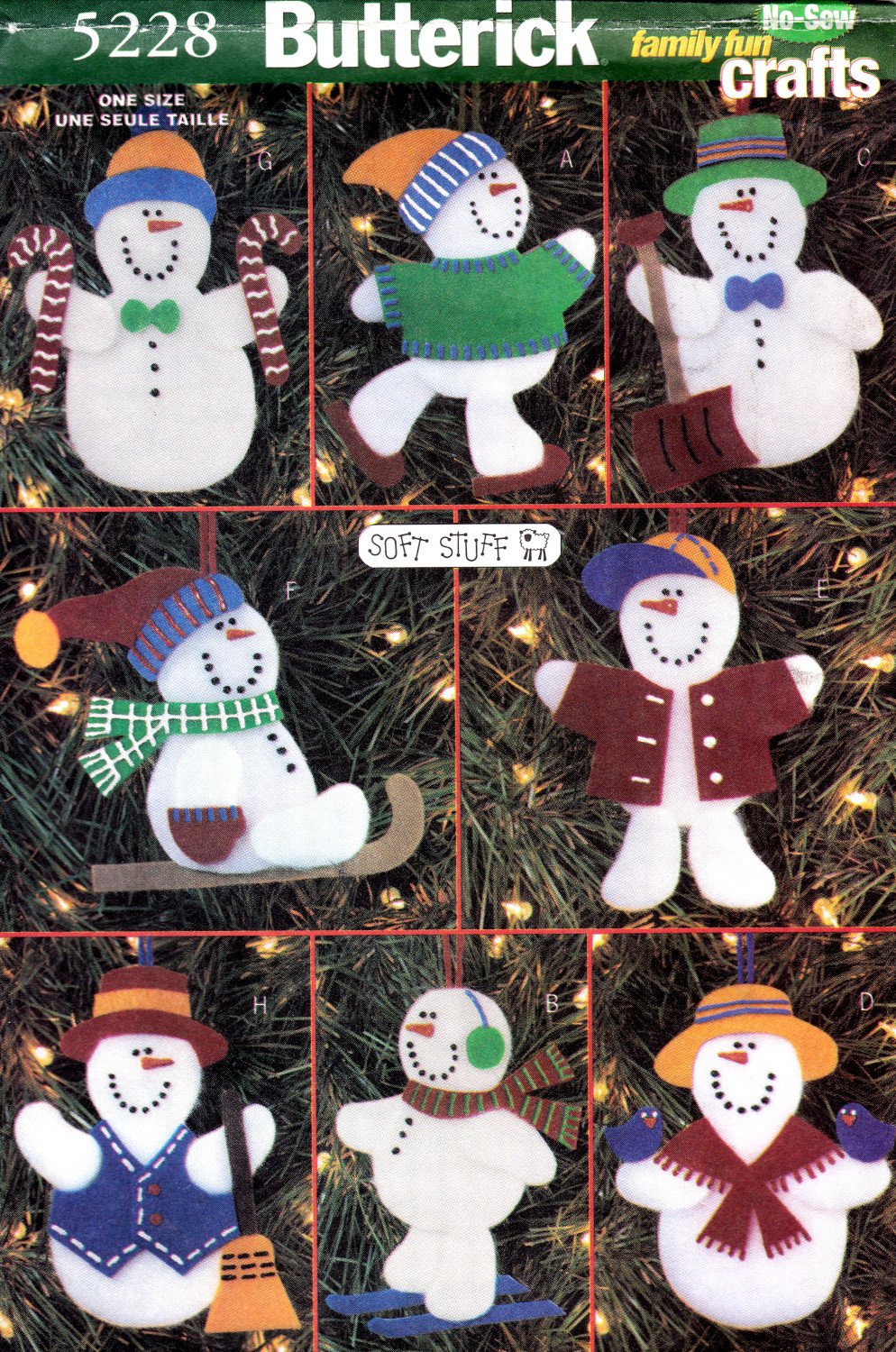 Butterick 5228 Soft Stuff Snowman Ornament No Sew Crafts Sewing Pattern Size OSZ