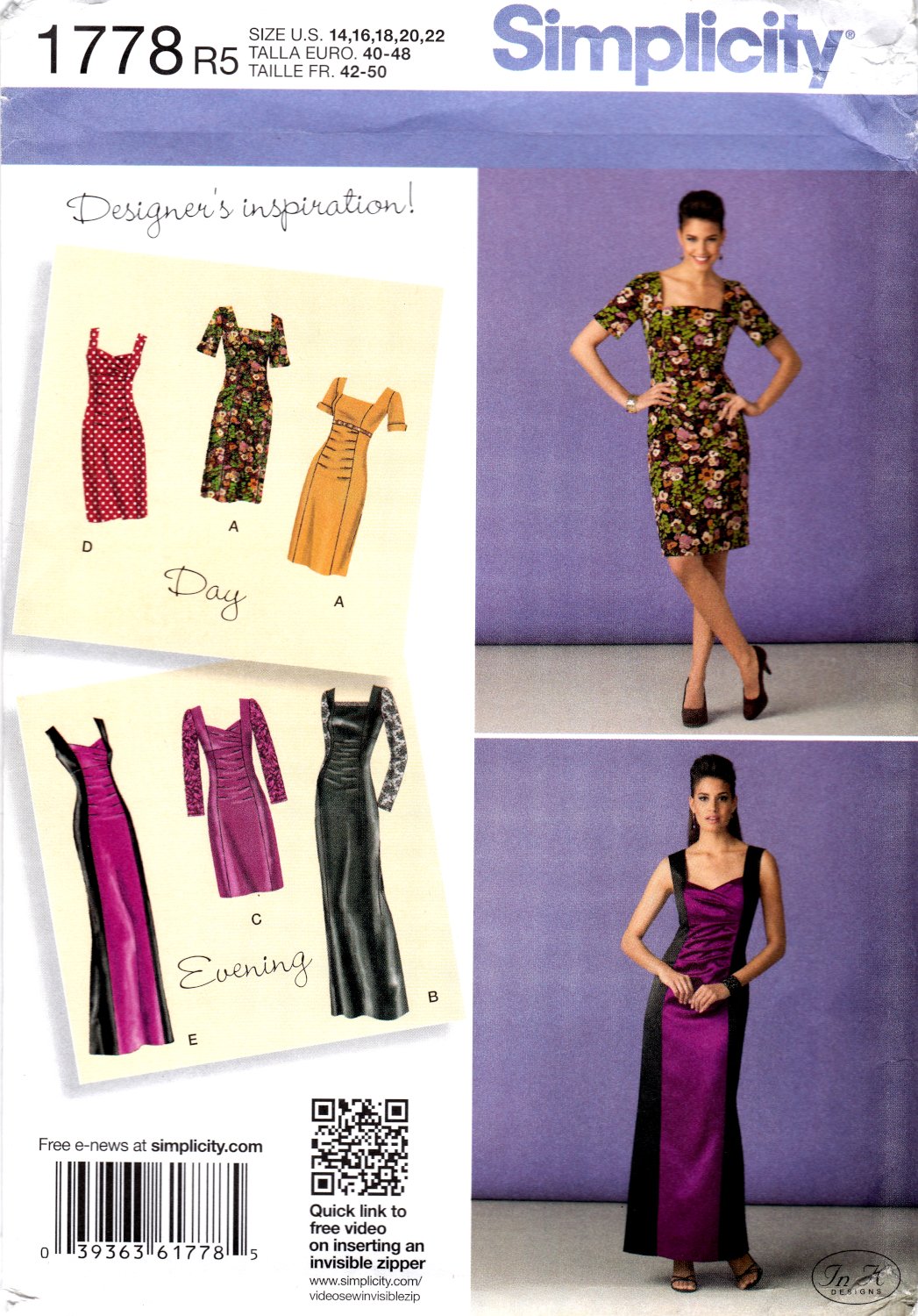 Simplicity 1778 Misses Dress Two Lengths Bodice Sleeve Variations Sewing Pattern Sizes 14-22