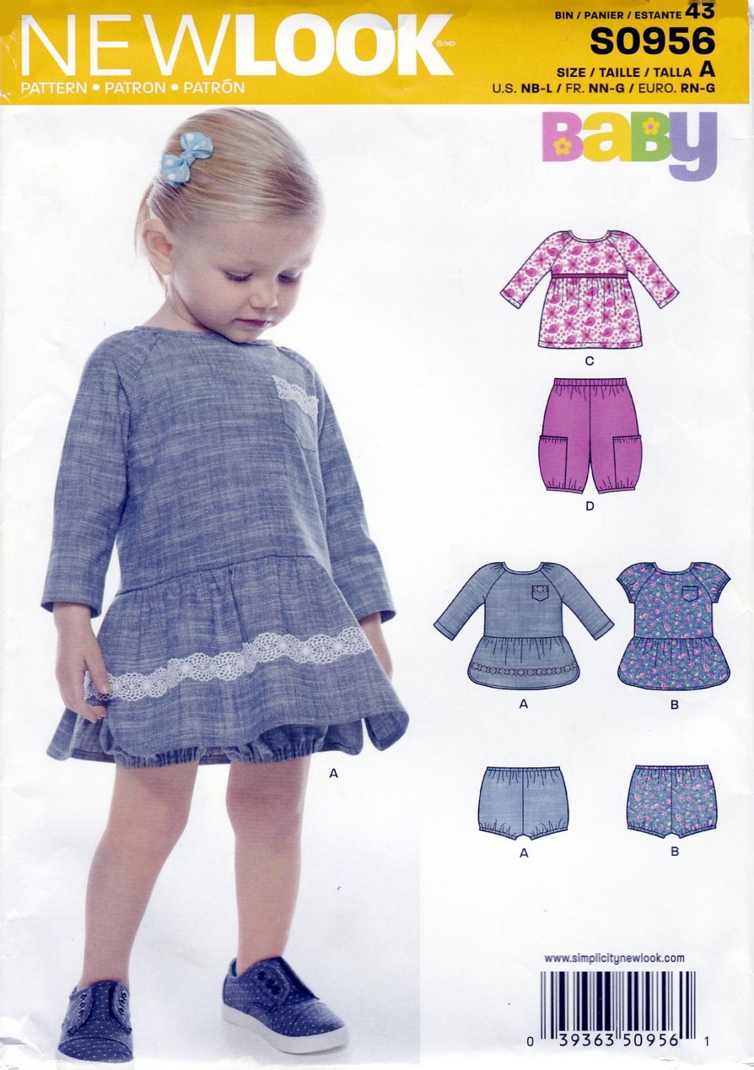 New Look S0956 6484 Babies Girls 4 Sizes in One Tops Bloomers Dress Pants Sewing Pattern Sizes NB-L