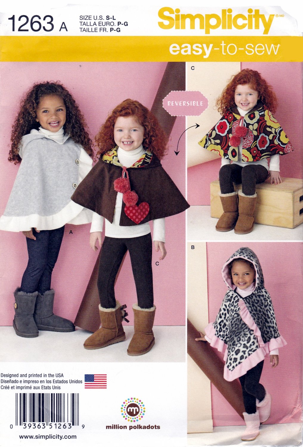Simplicity 1263 Childs Poncho and Reversible Cape Sewing Pattern Sizes S-M-L
