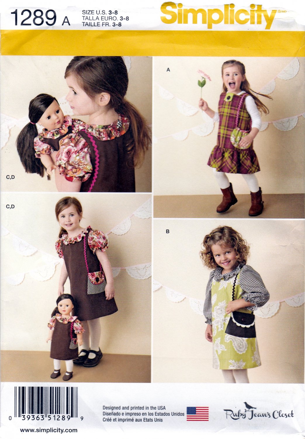 Simplicity 1289 Childs Girls Dresses and 18" Doll Dress Sewing Pattern Sizes 3-8