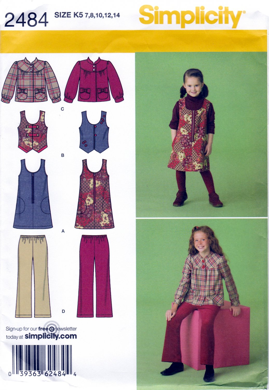 Simplicity 2484 Girls Childs Vest Jumper Jacket Cropped Pants Sewing Pattern Sizes 7-8-10-12-14