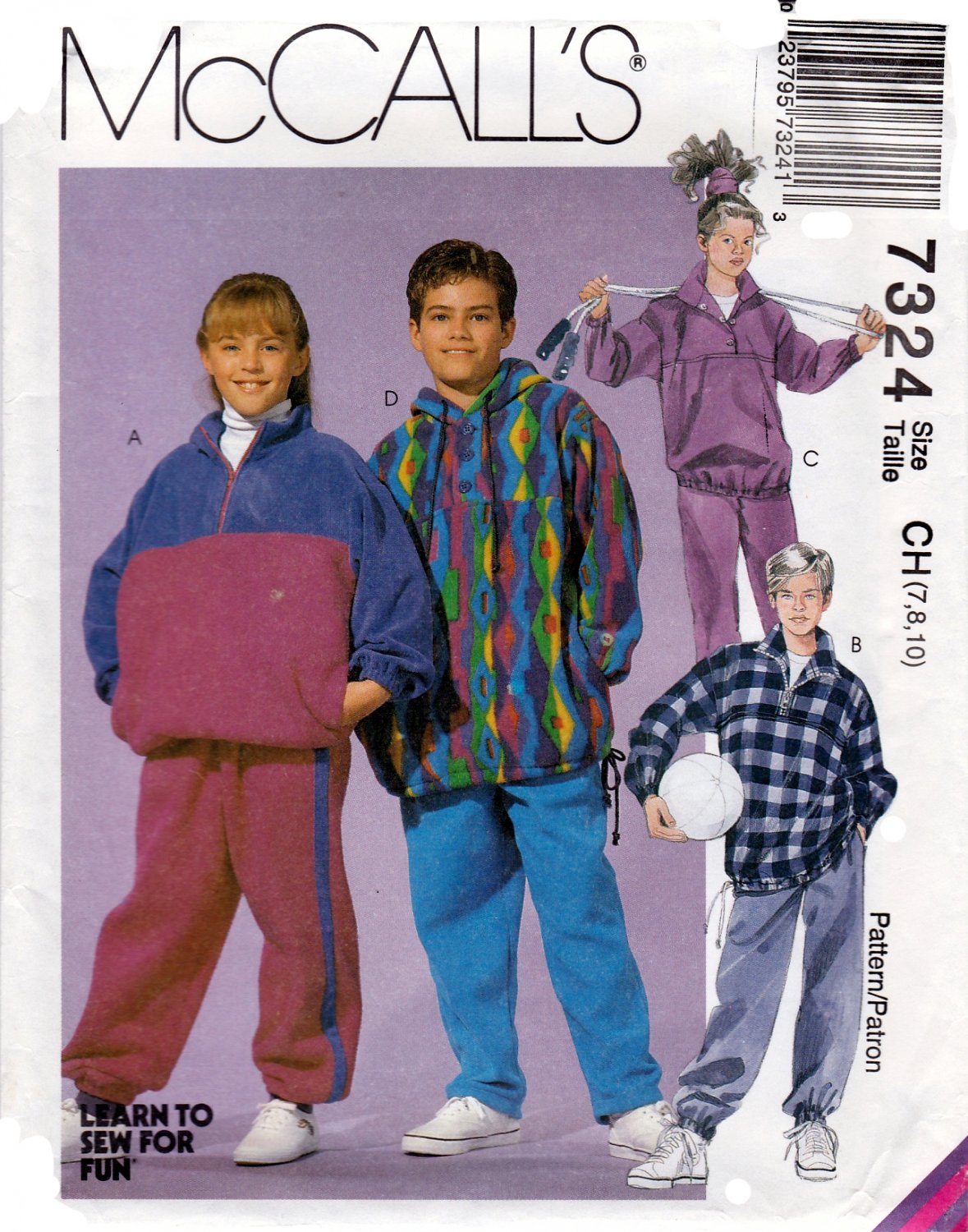 McCall's 7324 Boys Girls Tops Pull On Pants Loose Fittlng Sewing Pattern Sizes 7-8-10