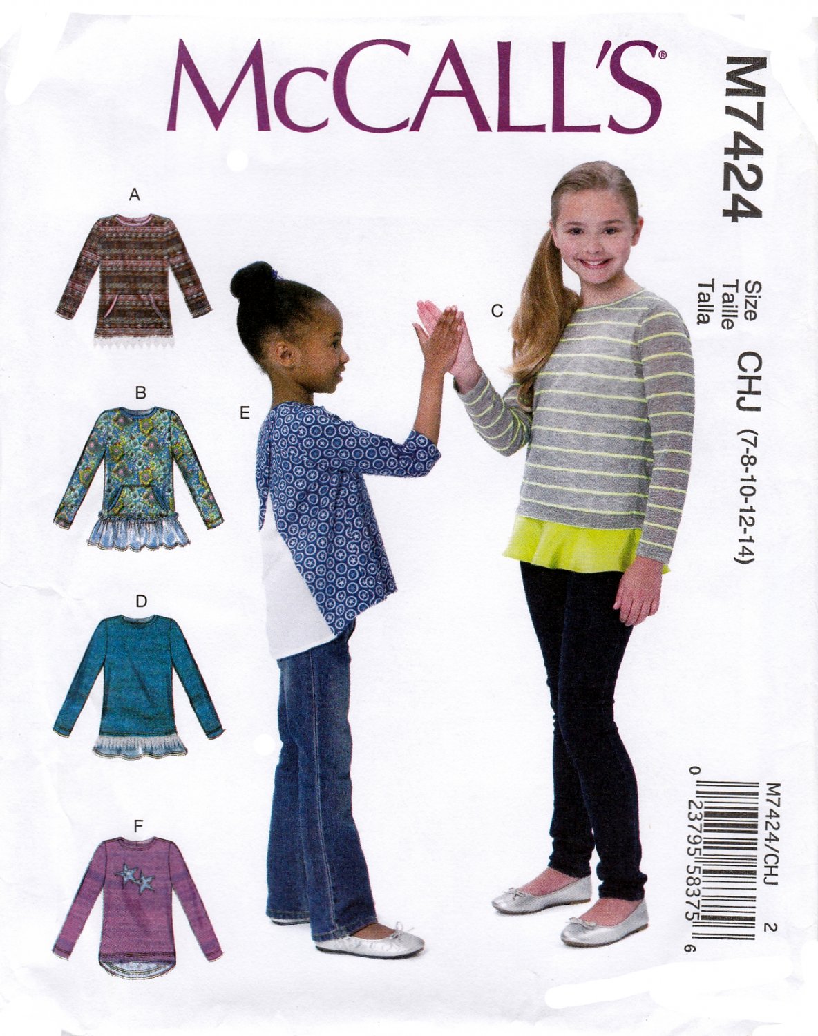 McCall's 7424 Girls Tops Pullover Sleeve Hemline Variations Sewing Pattern Sizes 7-8-10-12-14