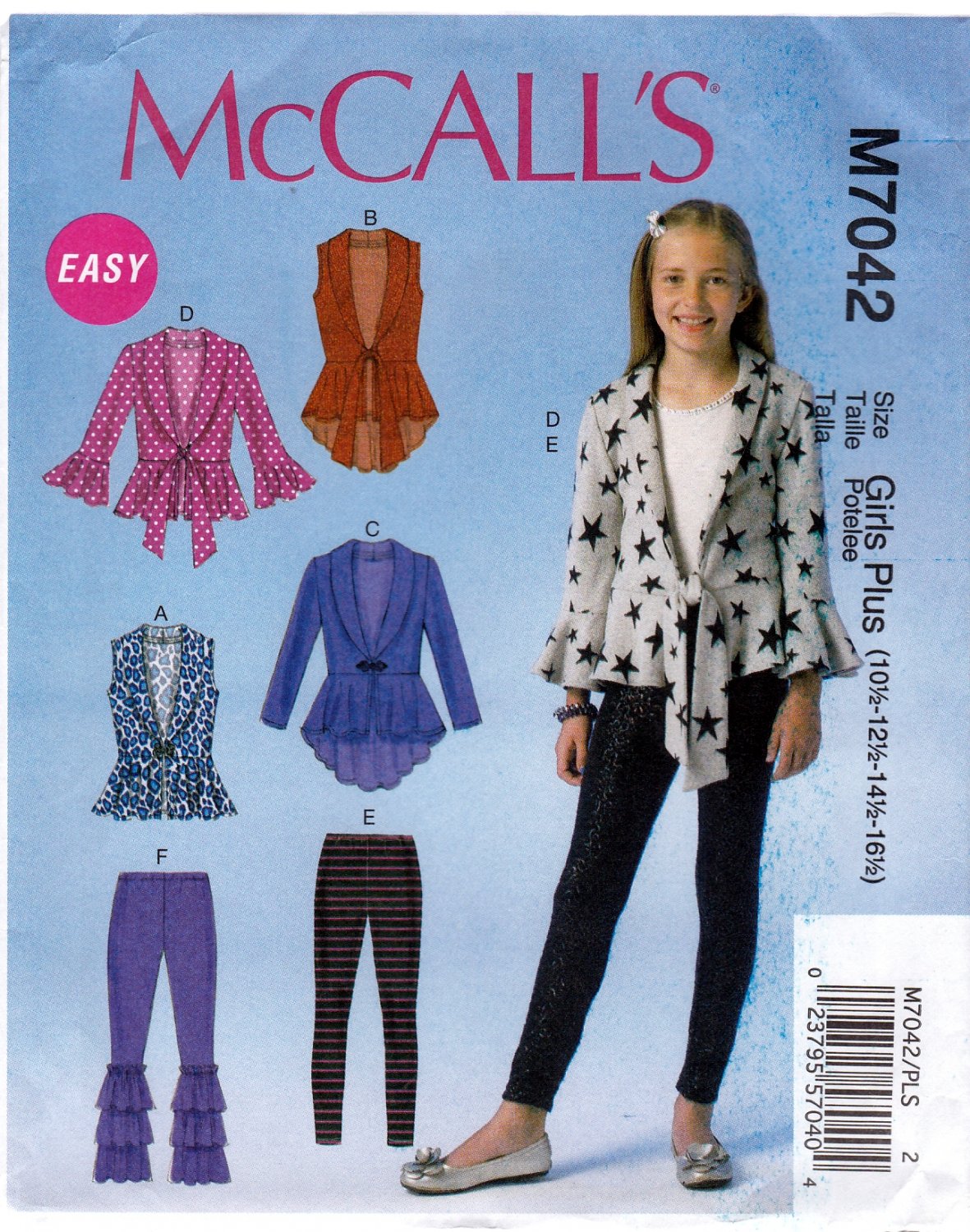 McCall's 7042 Girls Plus Vests Cardigans Leggings Sewing Pattern Sizes 10 1/2-16 1/2