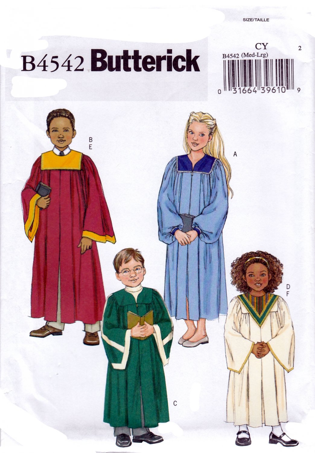 Butterick B4542 Girls Boys Choir Robe and Collar Loose Fitting Sewing Pattern Sizes Med-Lrg