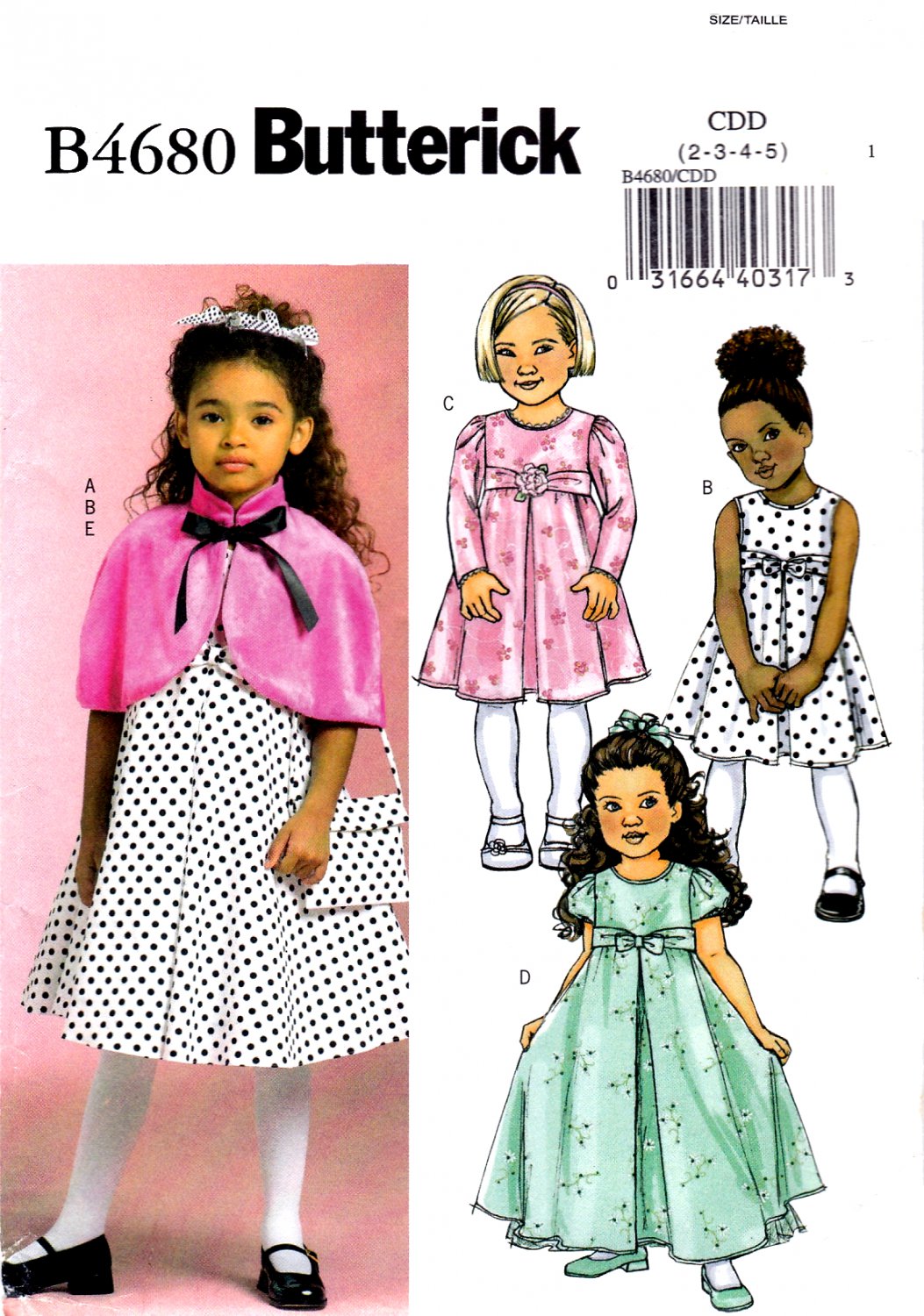 Butterick B4680 Girls Capelet Bag Dresses Two Lengths Sewing Pattern Sizes 2-3-4-5