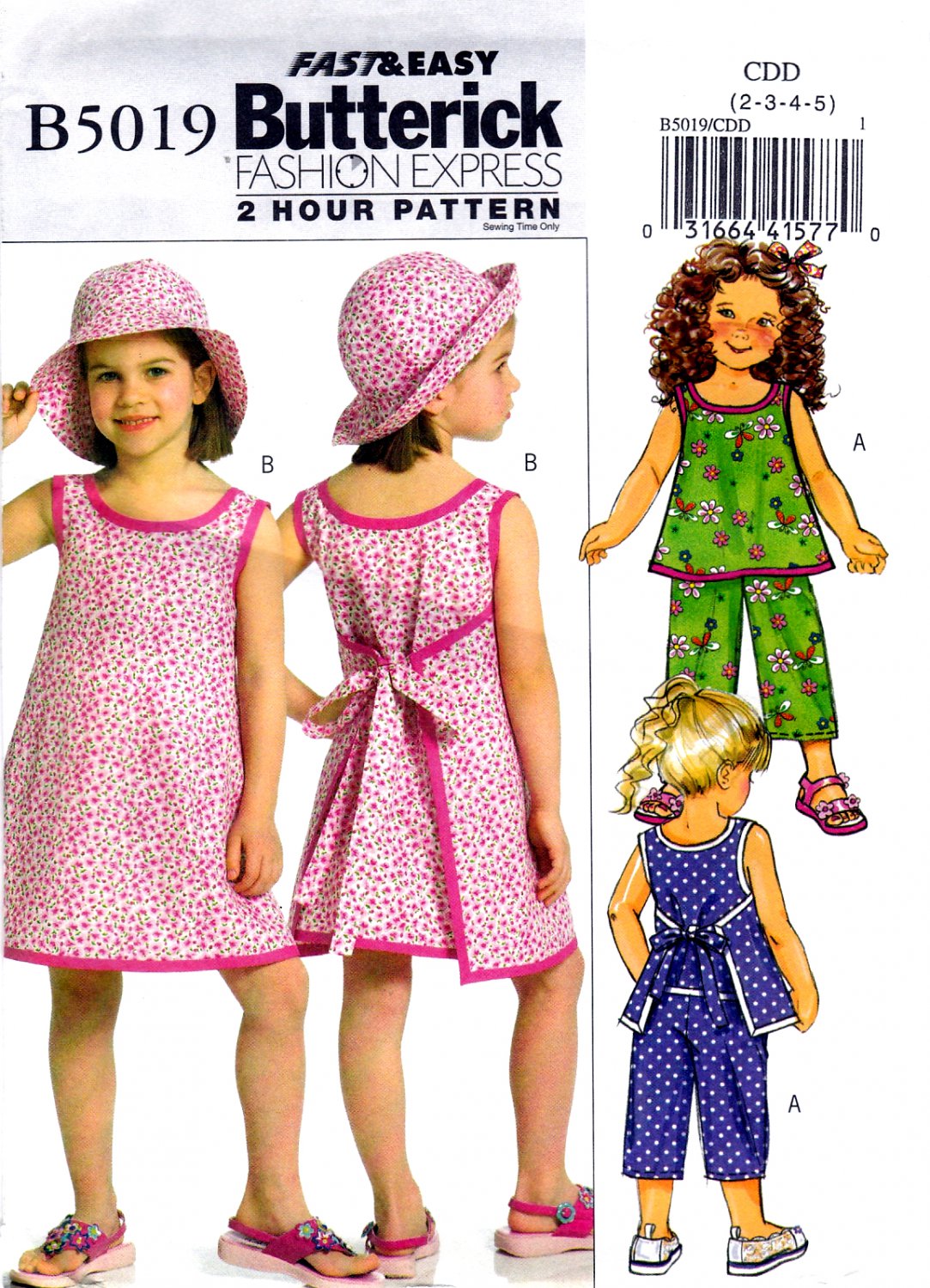 Butterick B5019 Girls Dress Pants Hat Top Tie Back Easy Sewing Pattern Sizes 2-3-4-5