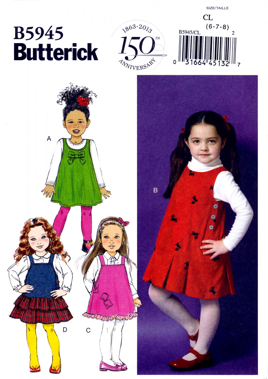 Butterick B5945 Girls Jumpers Pullover Lined Neckine Variations Sewing Pattern Sizes 6-7-8