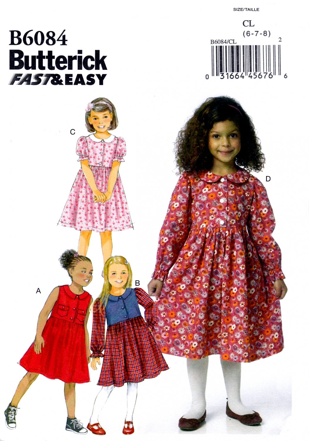 Butterick B6084 Girls Dress Pullover Raised Waist Collar Variations Sewing Pattern Sizes 6-7-8