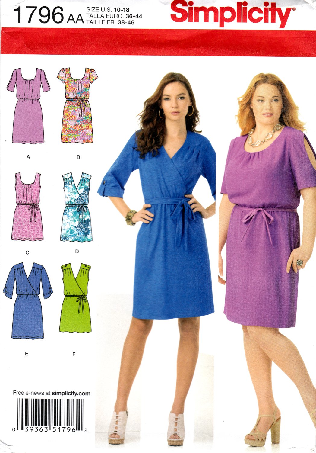 Simplicity 1796 Misses Womens Pullover Dress Two Lengths Belts Variations Sewing Pattern Sizes 10-18