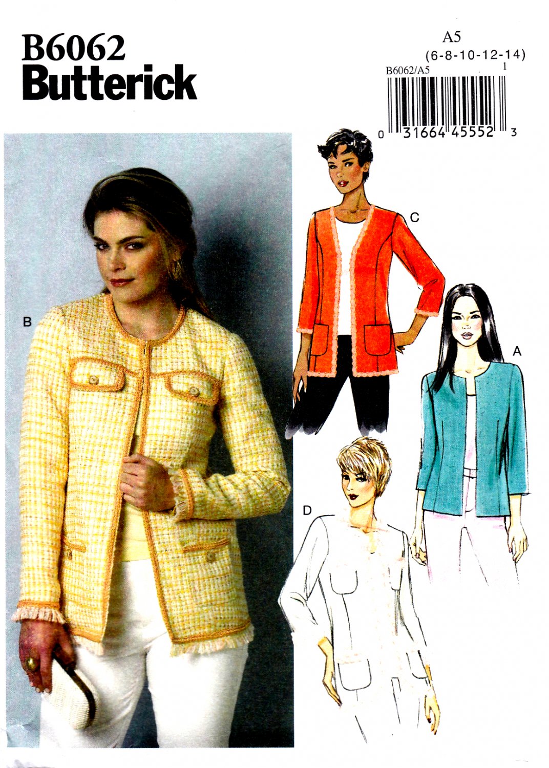 Butterick B6062 Misses Lined Jacket Sleeve Neck Variations Sewing Pattern Sizes 6-8-10-12-14
