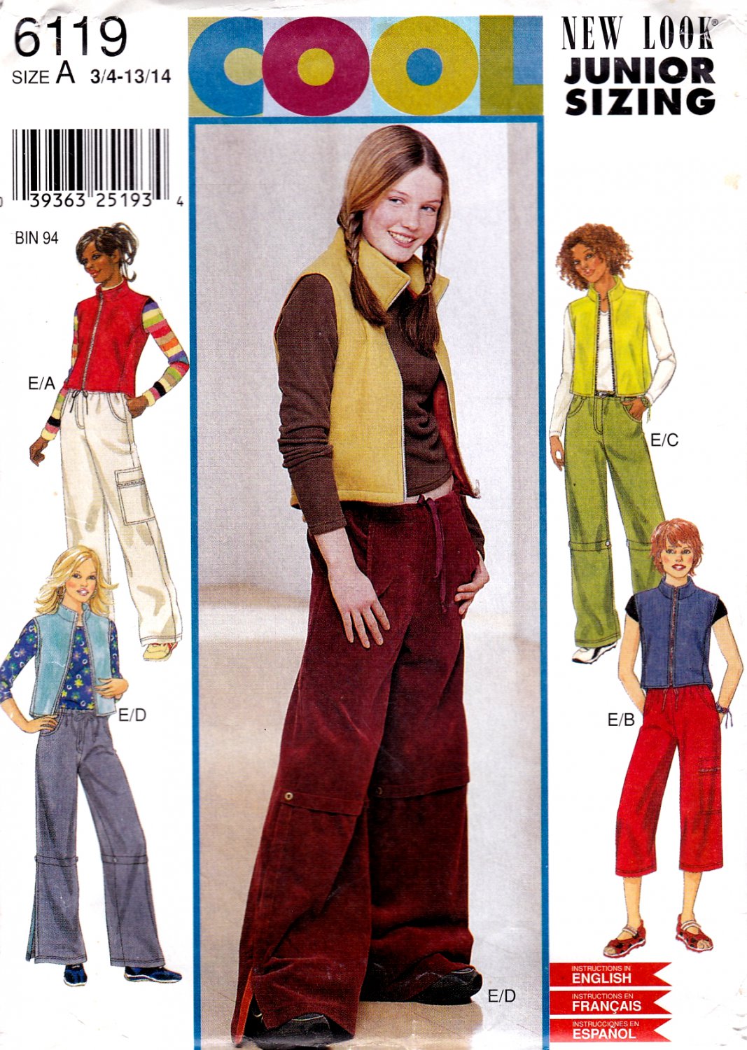 New Look 6119 Girls Juniors Pants and Vests Sewing Pattern Sizes 3/4-13/14