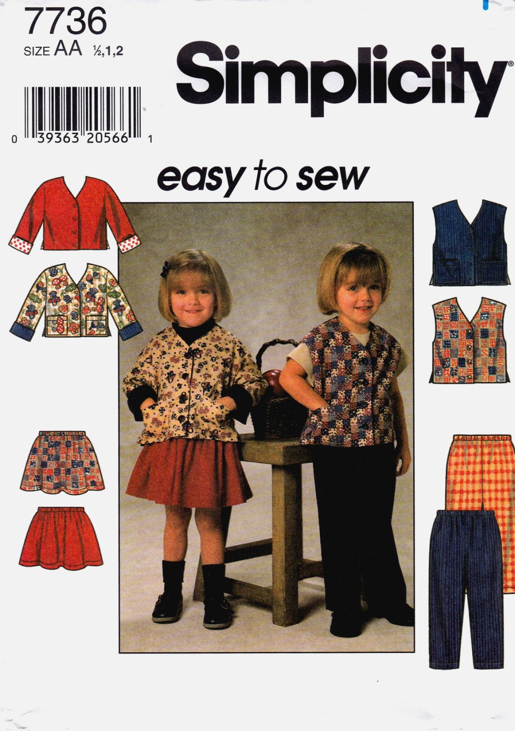 Simplicity 7736 Toddler Girl Jacket Vest Skirt Pants Sewing Pattern Sizes 1/2-1-2