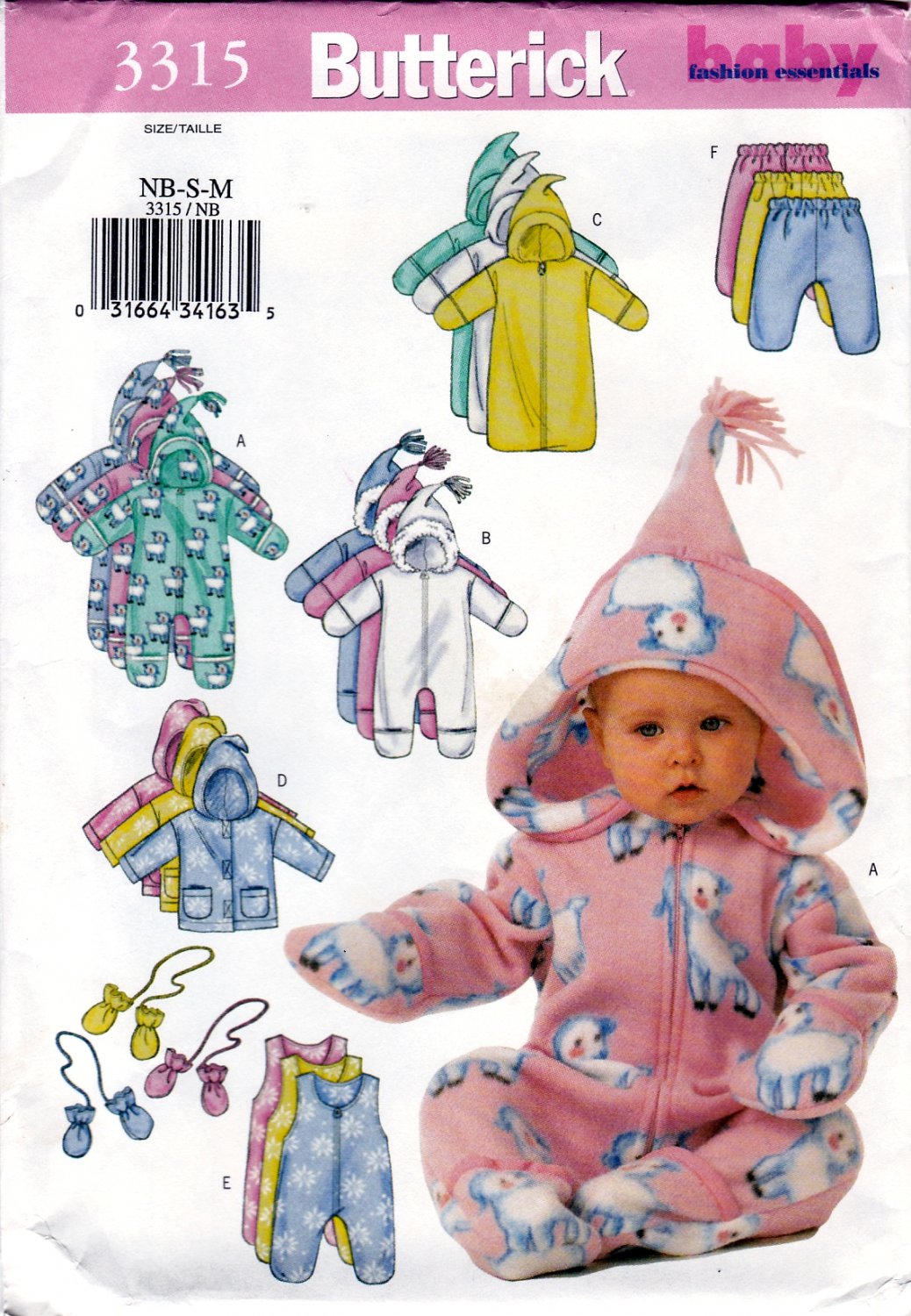 Butterick 3315 Infant Bunting Jacket Jumpsuit Pants Mittens Sewing Pattern Sizes NB-S-M