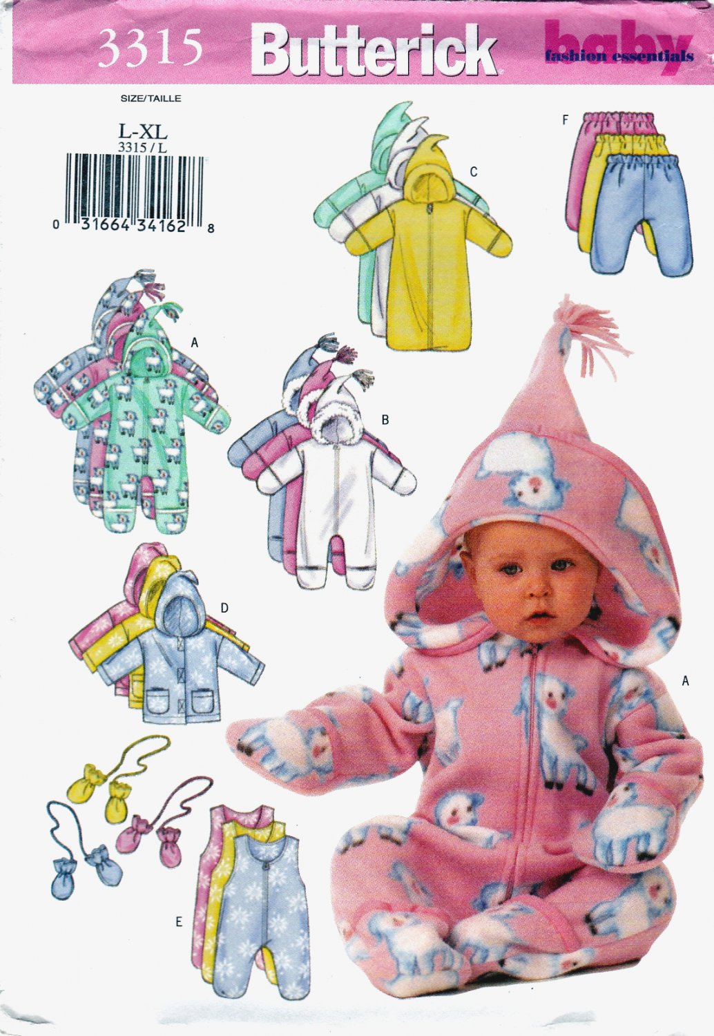 Butterick 3315 Infant Bunting Jacket Jumpsuit Pants Mittens Sewing Pattern Sizes L-XL