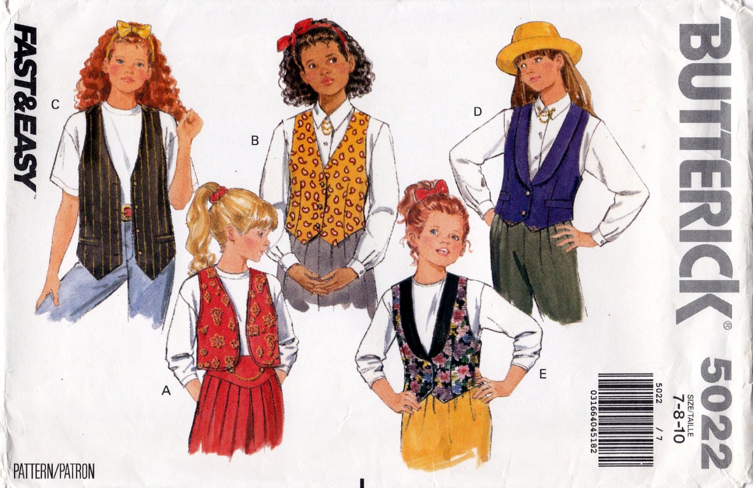 Butterick 5022 Girls Lined Vests Neckline Variations Sewing Pattern Sizes 7-8-10