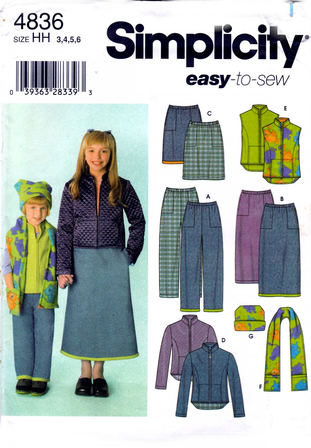 Simplicity 4836 Girls Pants Skirt Jacket or Vest Scarf Hat Sewing Pattern Sizes 3-4-5-6