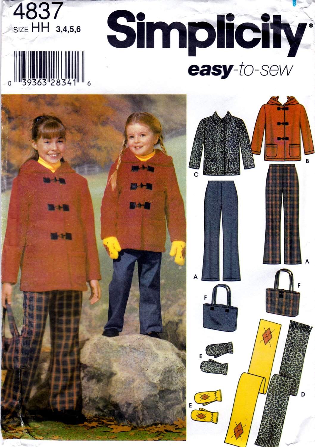 Simplicity 4837 Girls Pants Jacket Scarf Mittens Bag Sewing Pattern Sizes 3-4-5-6