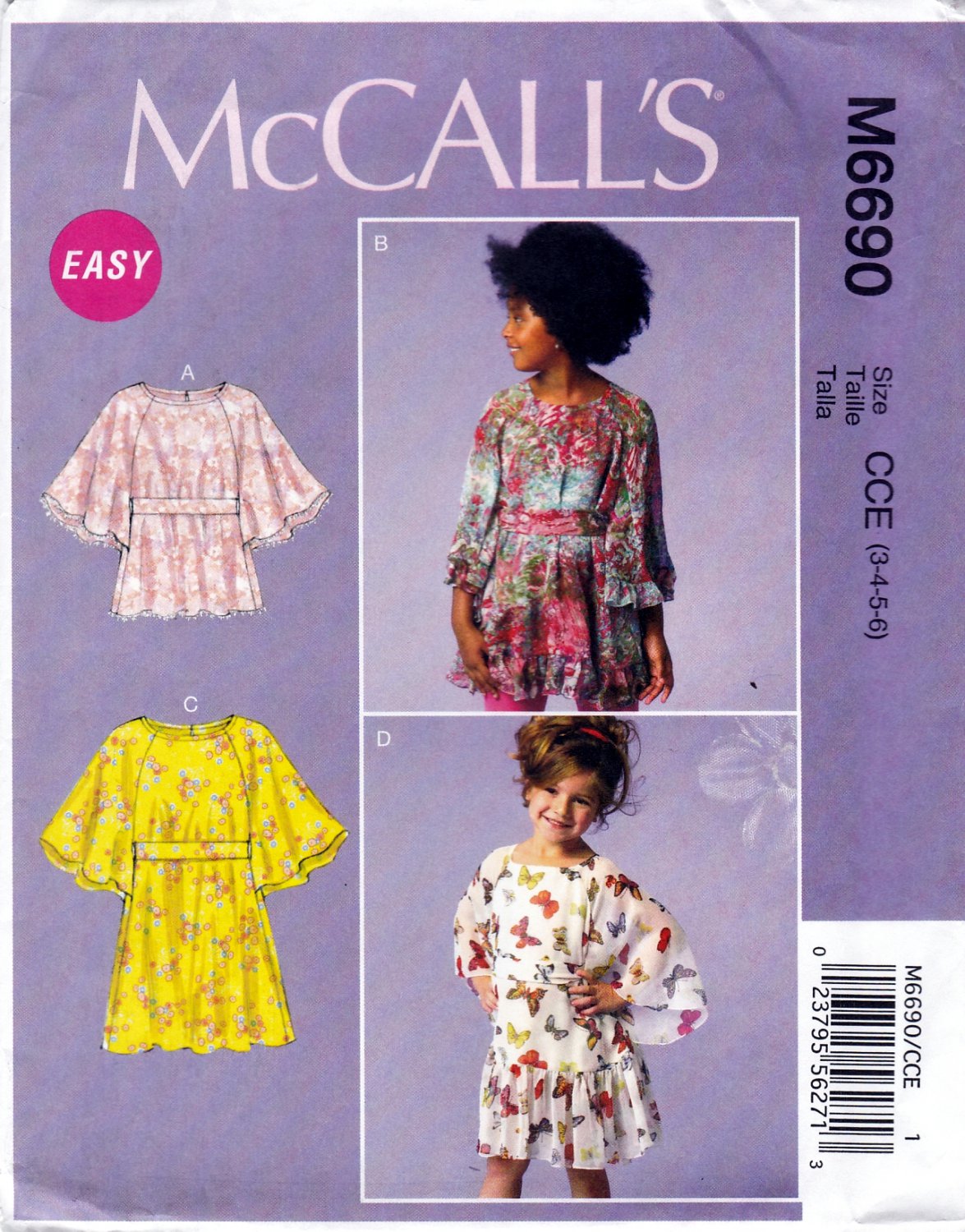 McCallâ��s M6690 Girls Pullover Tops Dresses Belt Sewing Pattern Sizes 3-4-5-6