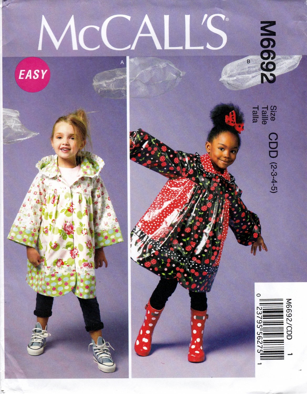 McCall's M6692 Girls Unlined Coats Hood or Collar Sewing Pattern Sizes 2-3-4-5