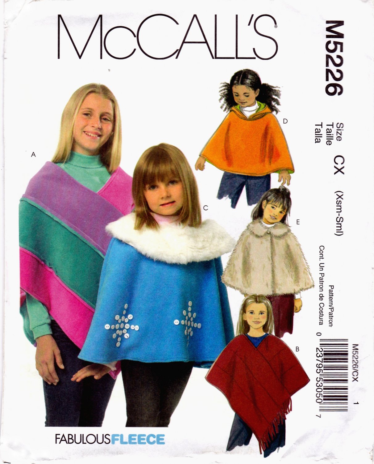 McCallâs M5226 Girls Fleece Ponchos Collar Hooded or V-Neck Sewing Pattern Sizes Xsm-Sml
