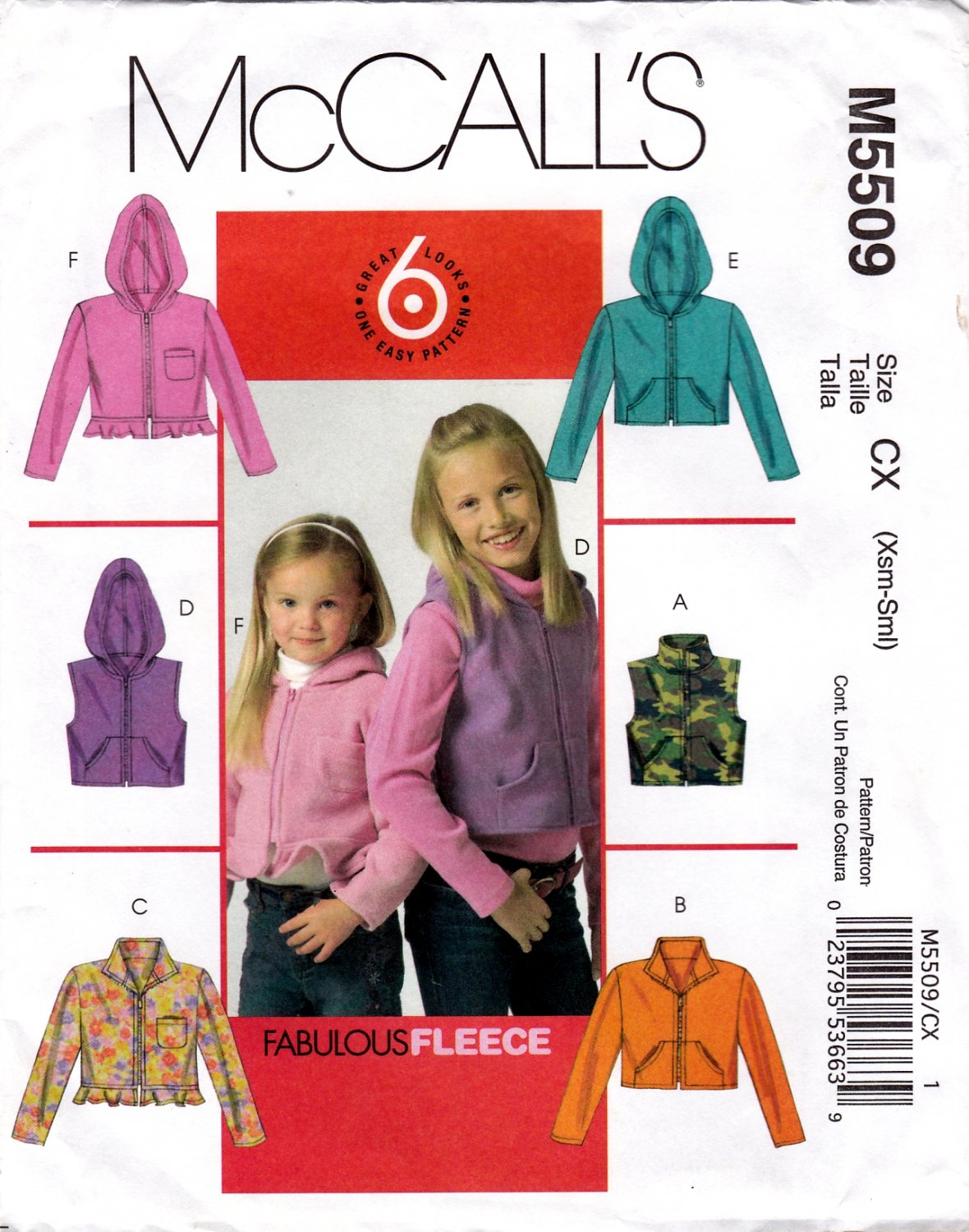 McCallâ��s M5509 Girls Vests Jackets Loose Fit Unlined Collar or Hood Sewing Pattern Sizes Xsm-Sml