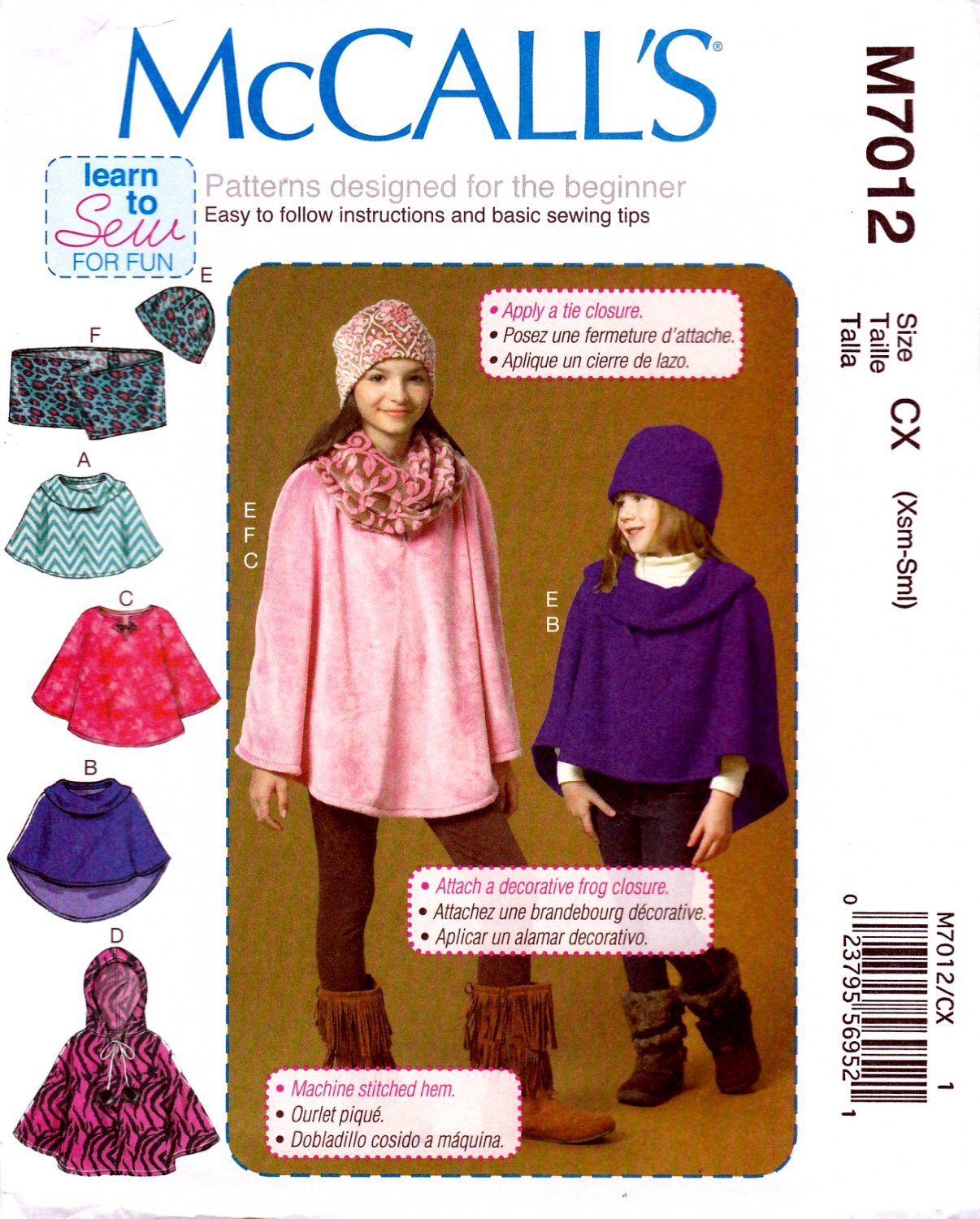 McCall's M7012 Girls Pullover Poncho Hat Scarf Sewing Pattern Sizes Xsm-Sml