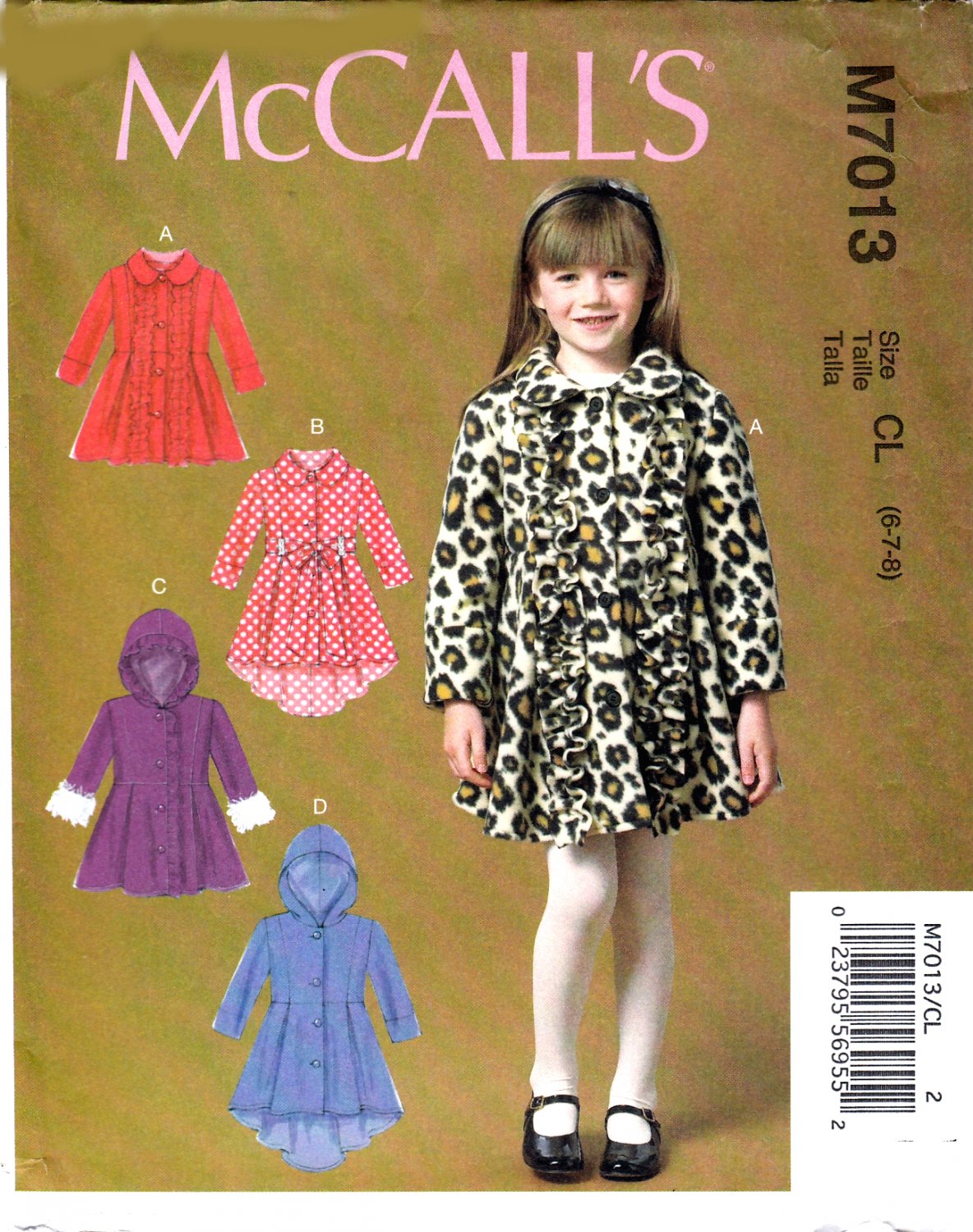 McCall's M7013 Girls Coats Side Pockets Belt Sewing Pattern Sizes 6-7-8