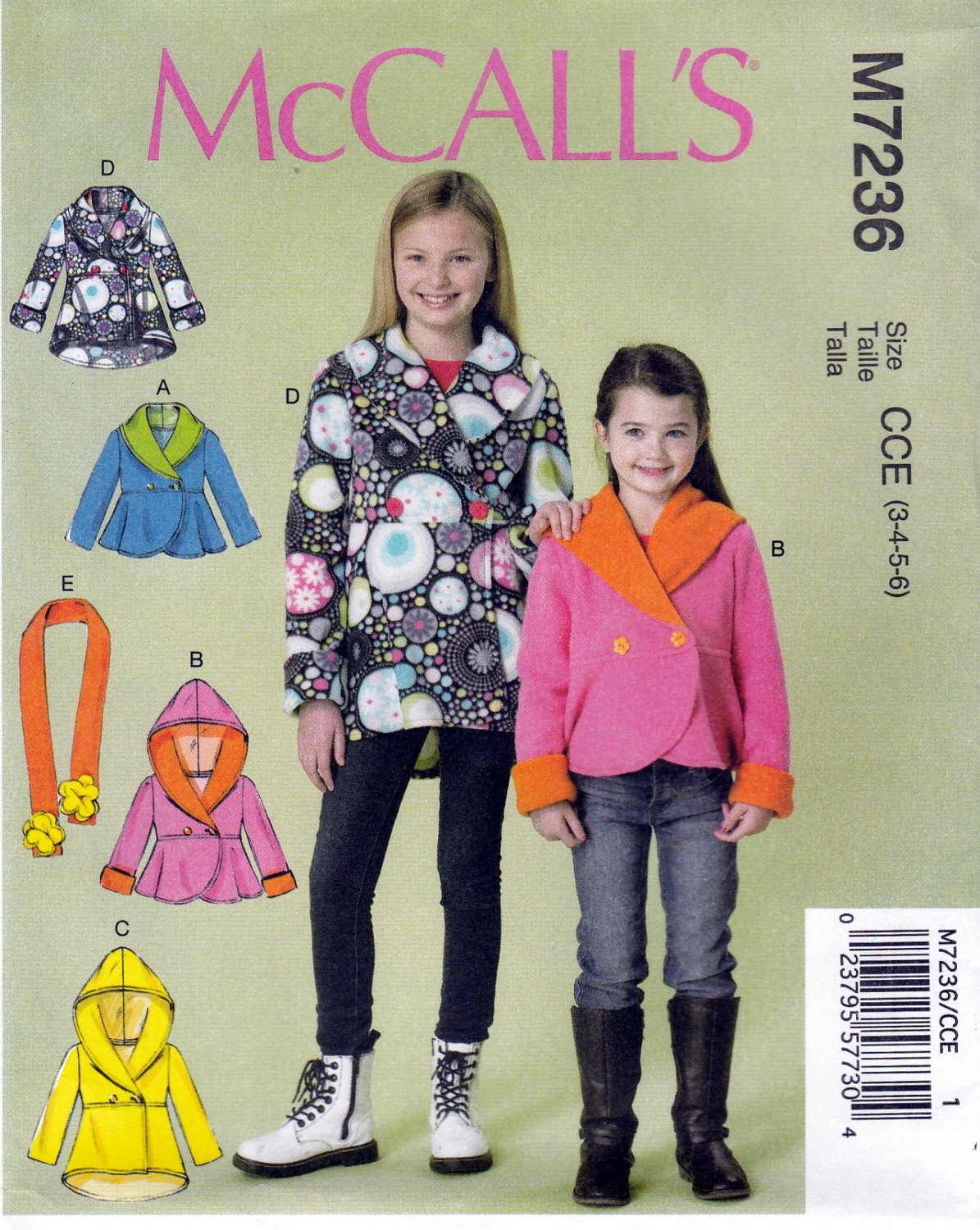 McCall's M7236 Girls Jackets Scarf Unlined Double Breasted Sewing Pattern Sizes 3-4-5-6