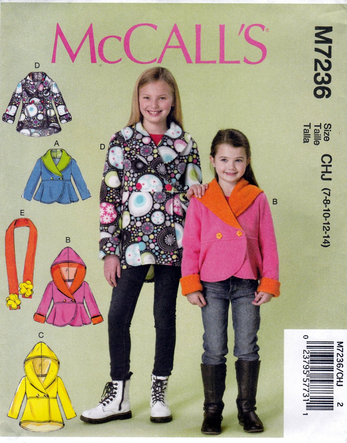 McCall's M7236 Girls Scarf Jackets Unlined Double Breasted Sewing Pattern Sizes 7-8-10-12-14