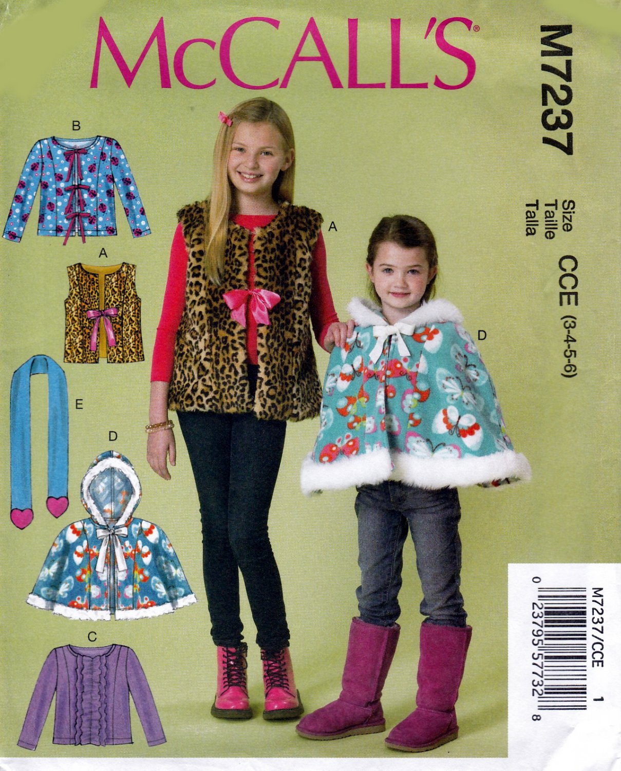 McCall's M7237 Girls Vest Jacket Cape Scarf Sewing Pattern Sizes 3-4-5-6