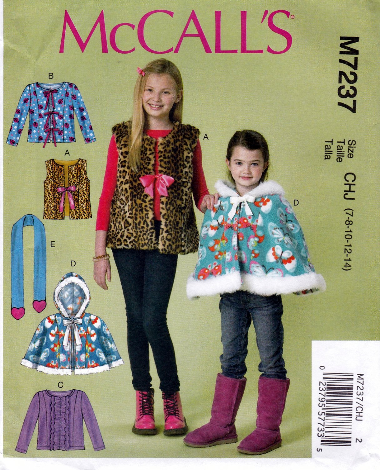 McCall's M7237 Girls Jacket Cape Scarf Vest Sewing Pattern Sizes 7-8-10-12-14