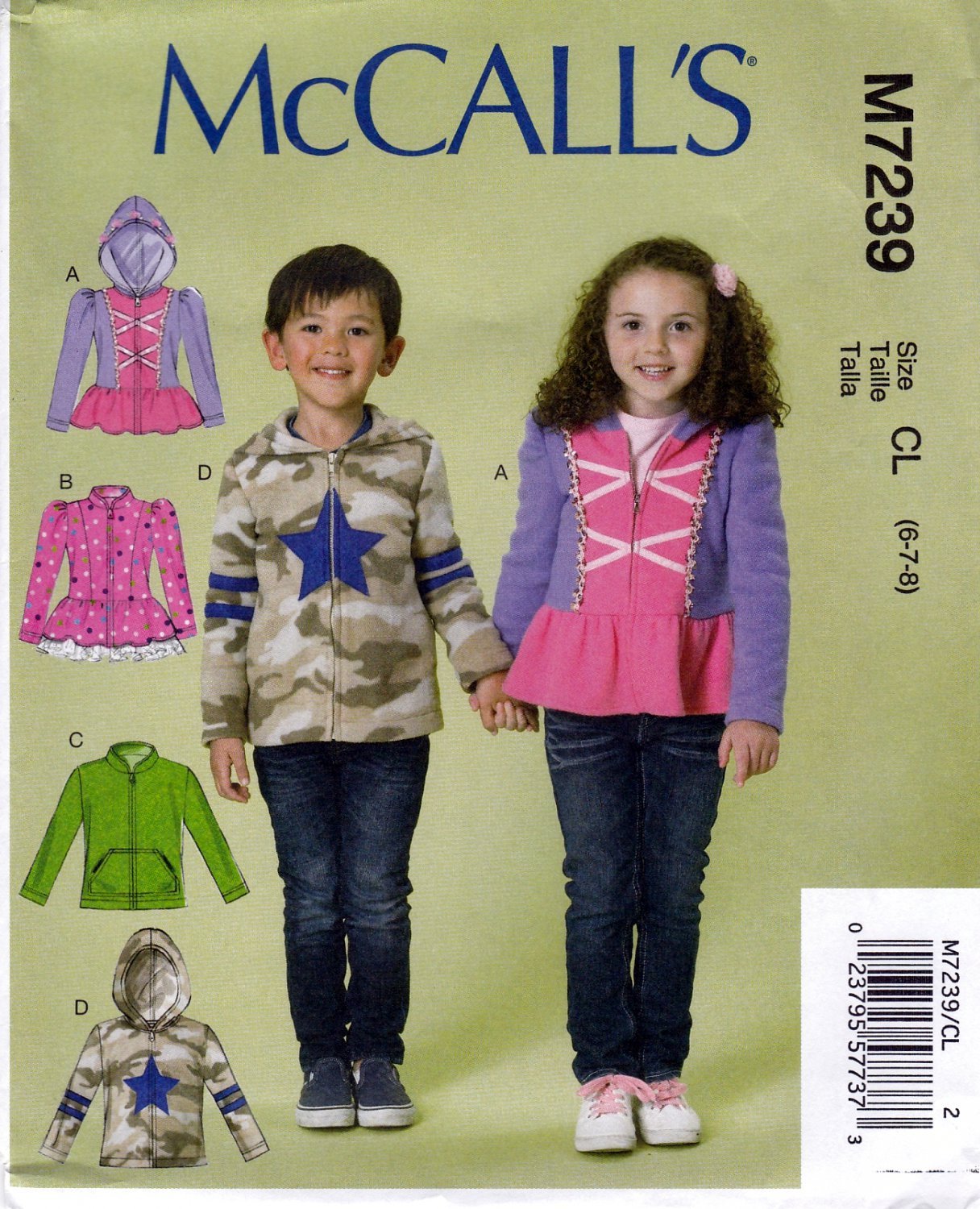 McCall's M7239 Girls Boys Unlined Jackets Front Zipper Unisex Sewing Pattern Sizes 6-7-8
