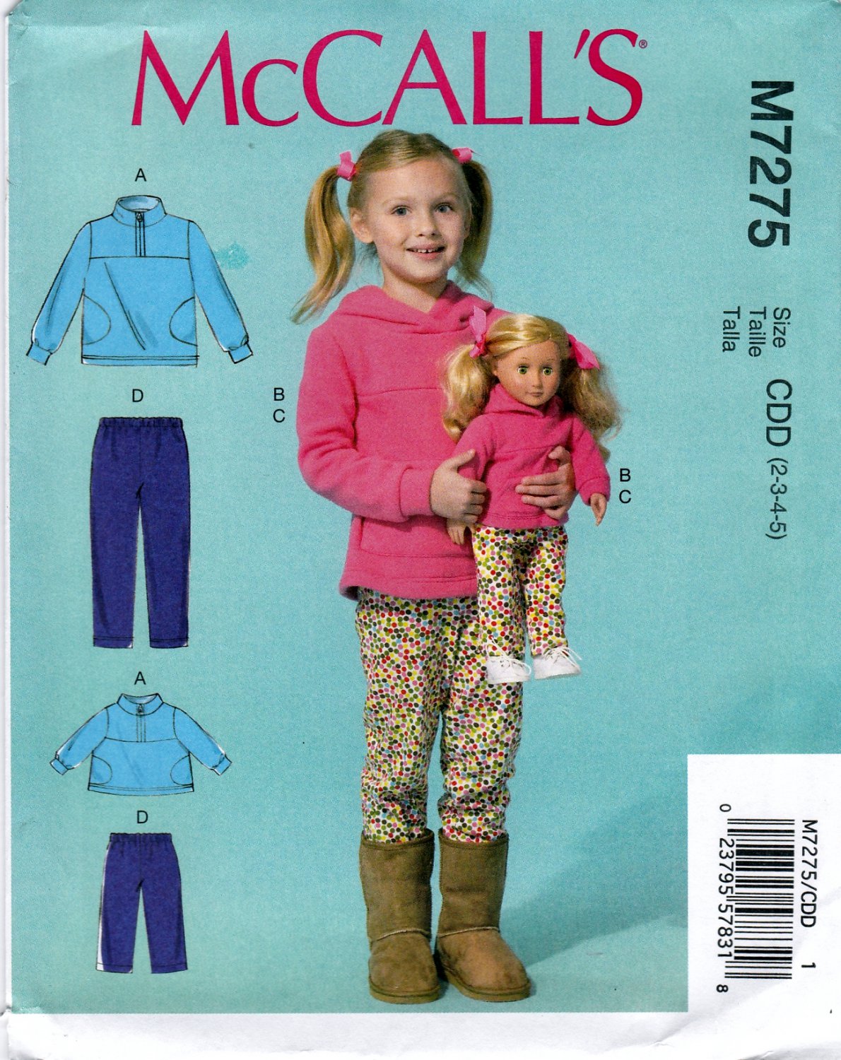 McCall's M7275 Girls Tops Pants Matching Outfit 18" Doll Sewing Pattern Sizes 2-3-4-5