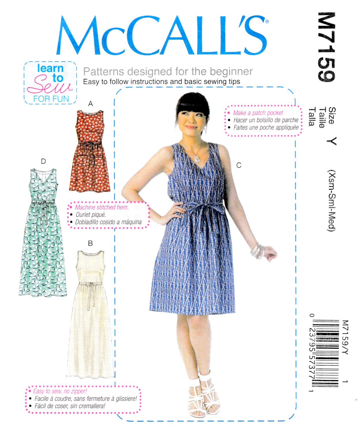 McCall's M7159 Misses Dresses Pullover Loose Fit Tie Ends Sewing Pattern Sizes Xsm-Sml-Med
