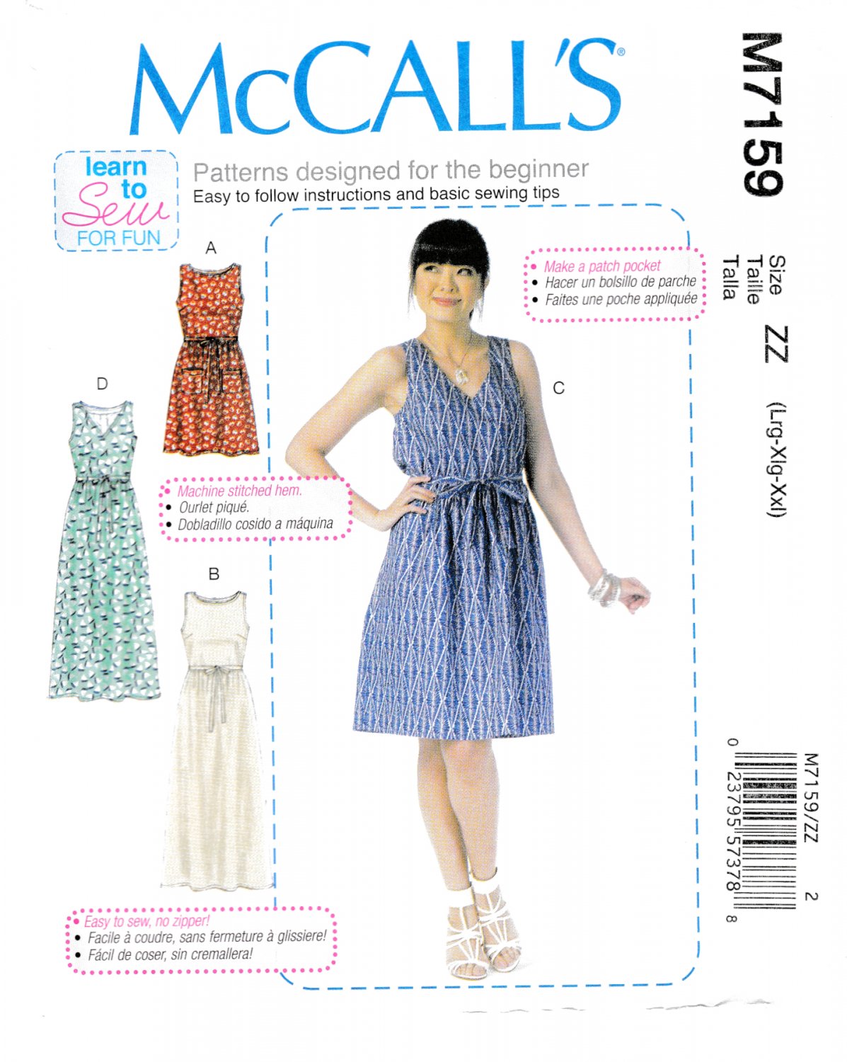 McCall's M7159 Misses Dresses Loose Fit Tie Ends Pullover Sewing Pattern Sizes Lrg-Xlg-Xxl