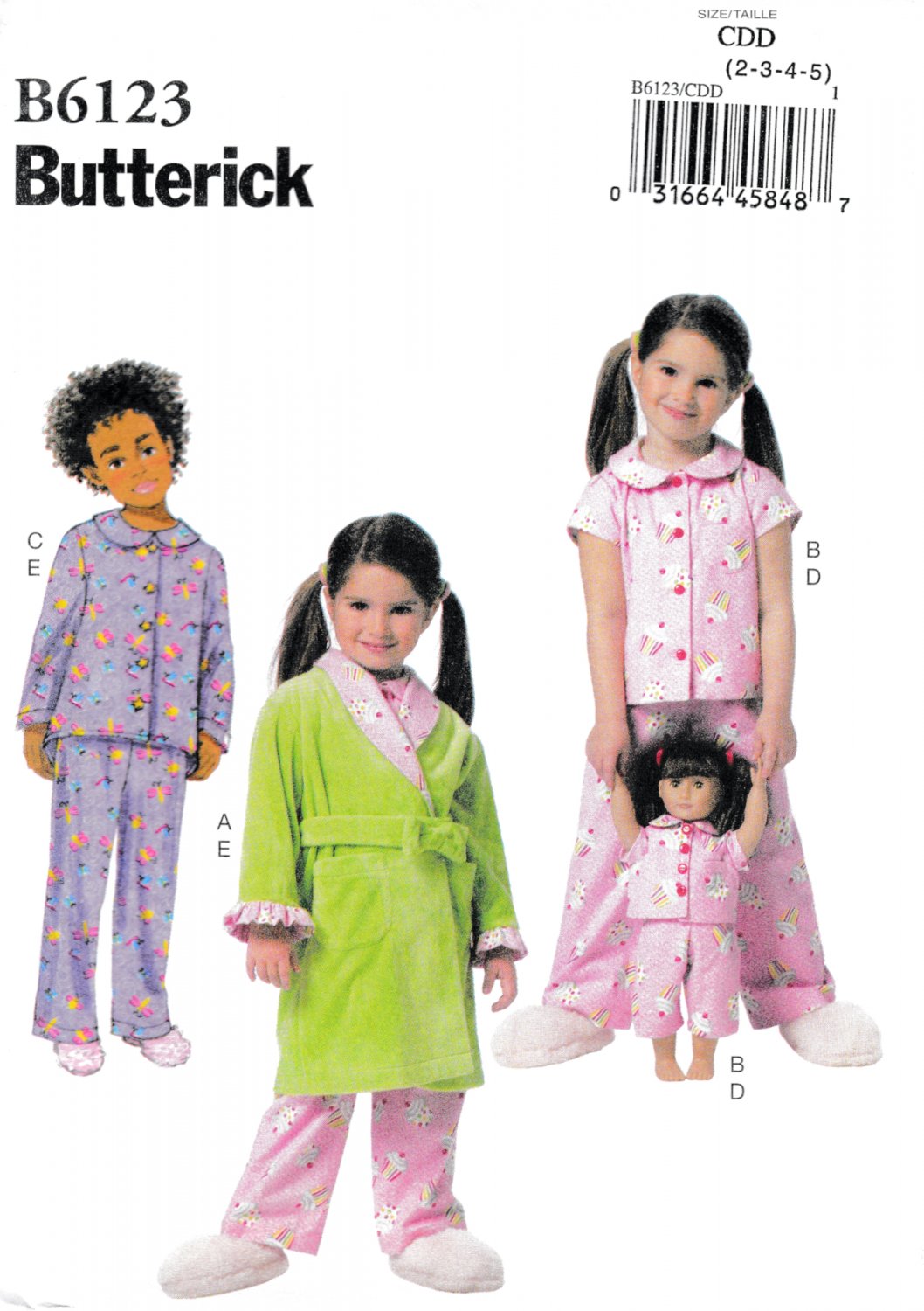 Butterick B6123 Girls Robe Top Pants Belt Matching 18" Doll Pajamas Sewing Pattern Sizes 2-3-4-5