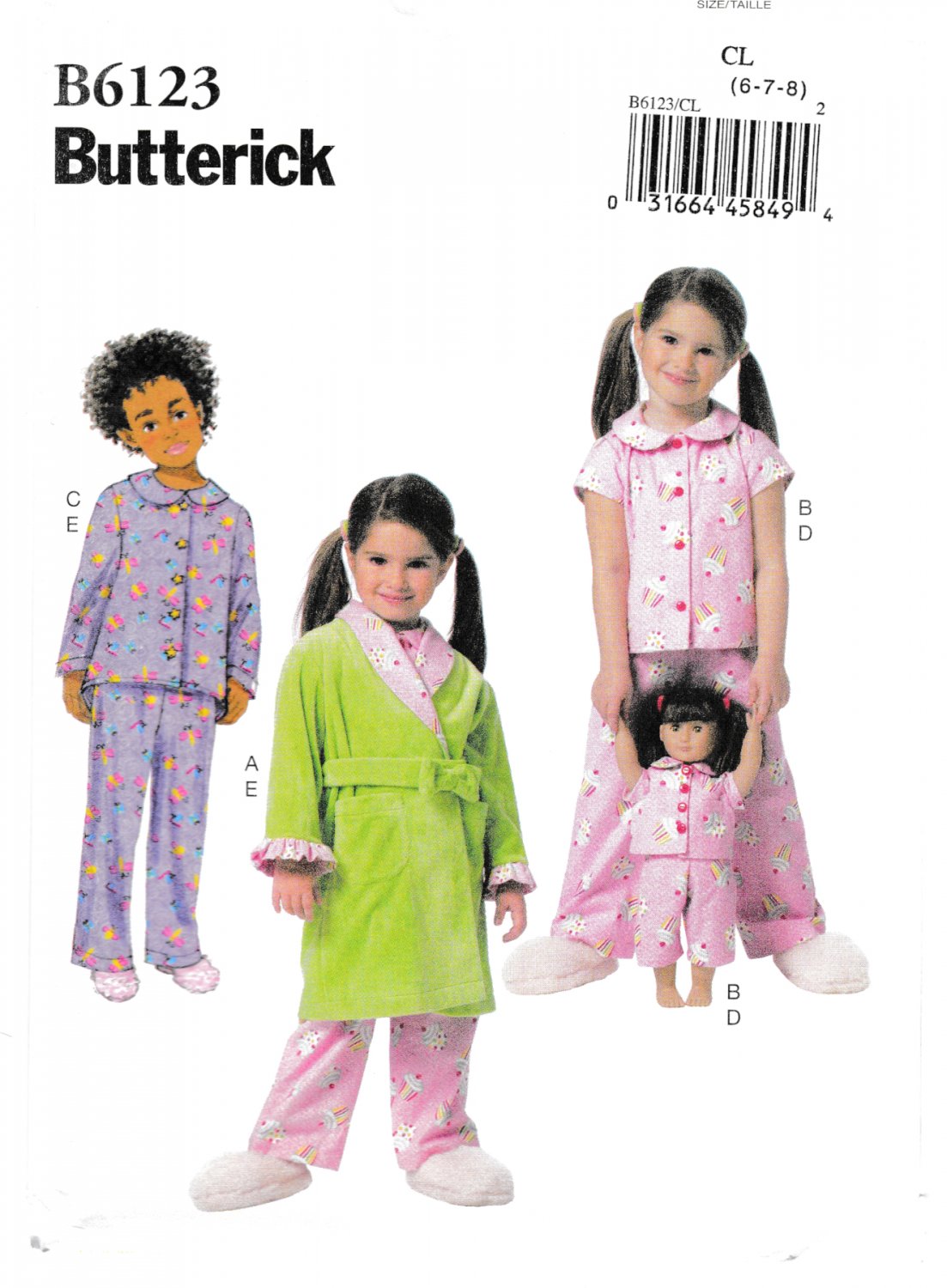 Butterick B6123 Girls Robe Top Pants Belt Matching 18" Doll Pajamas Sewing Pattern Sizes 6-7-8