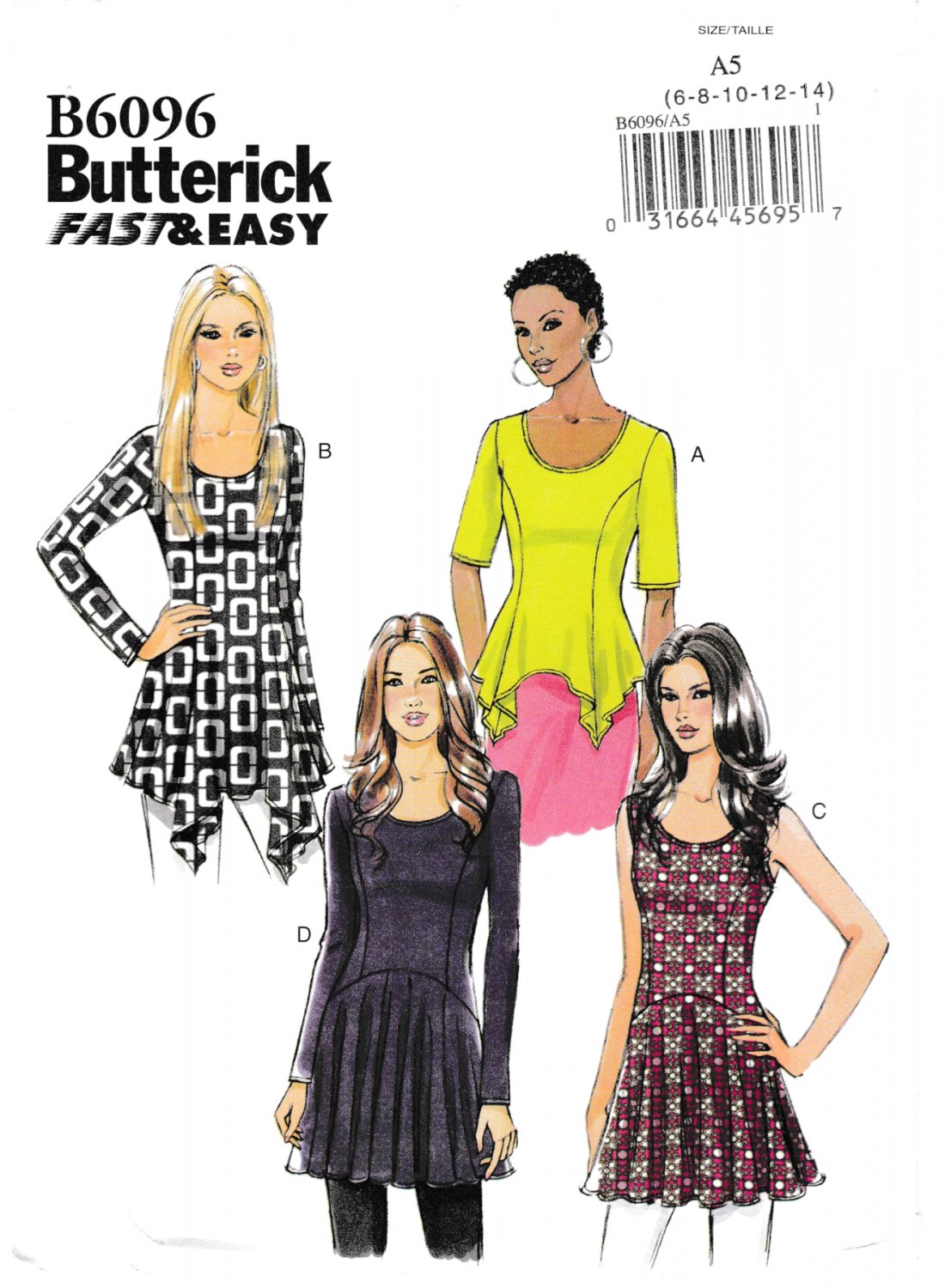 Butterick B6096 Misses Tops Semi Fitted Pullover Sewing Pattern Sizes 6-8-10-12-14