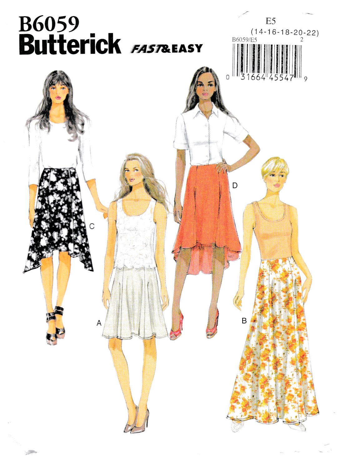 Butterick B6059 Misses Skirts Shaped Hem Variations Sewing Pattern Sizes 14-16-18-20-22