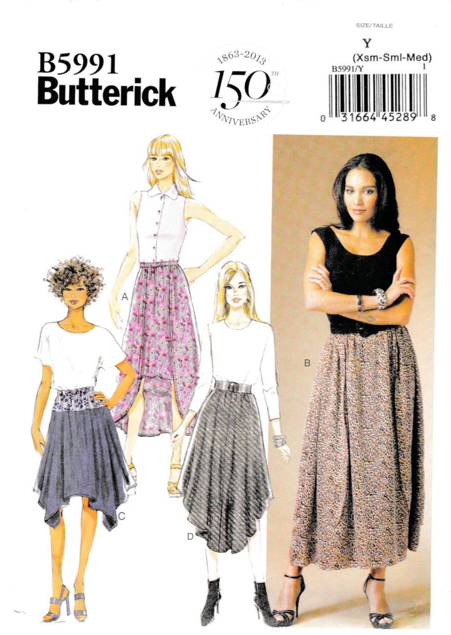 Butterick B5991 Misses Skirts Elastic Waist Shaped Hemline Sewing Pattern Sizes Xsm-Sml-Med